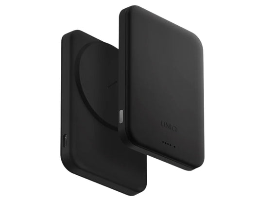 Black wireless charging pad with 'UNIQ' branding on a white background