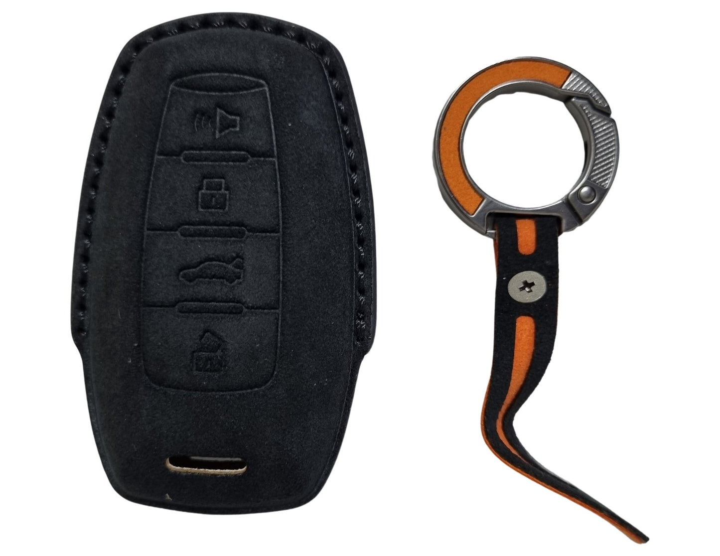 Black Car Key Cover for Haval H9 – Alcantara or Leather with button symbols and a decorative keychain on a white background