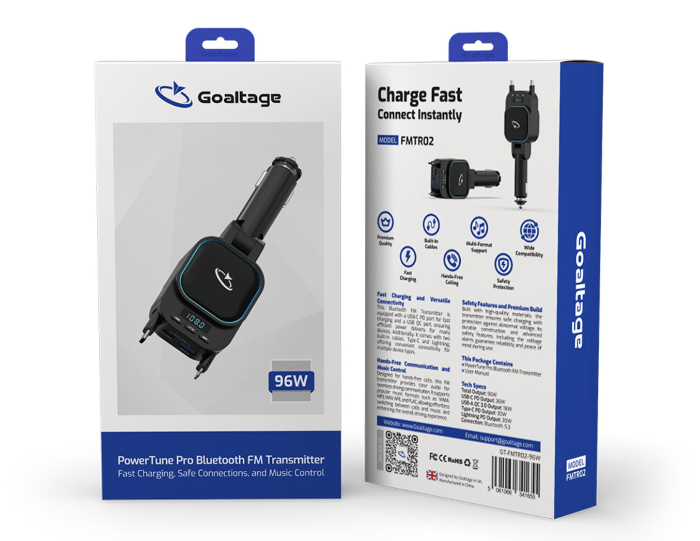 Goaltage Bluetooth FM transmitter packaging with front and back views on a white background