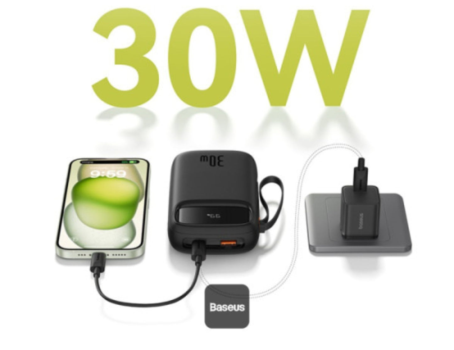 Baseus power bank with smartphone and tablet charging, showing '30W' on a white background.