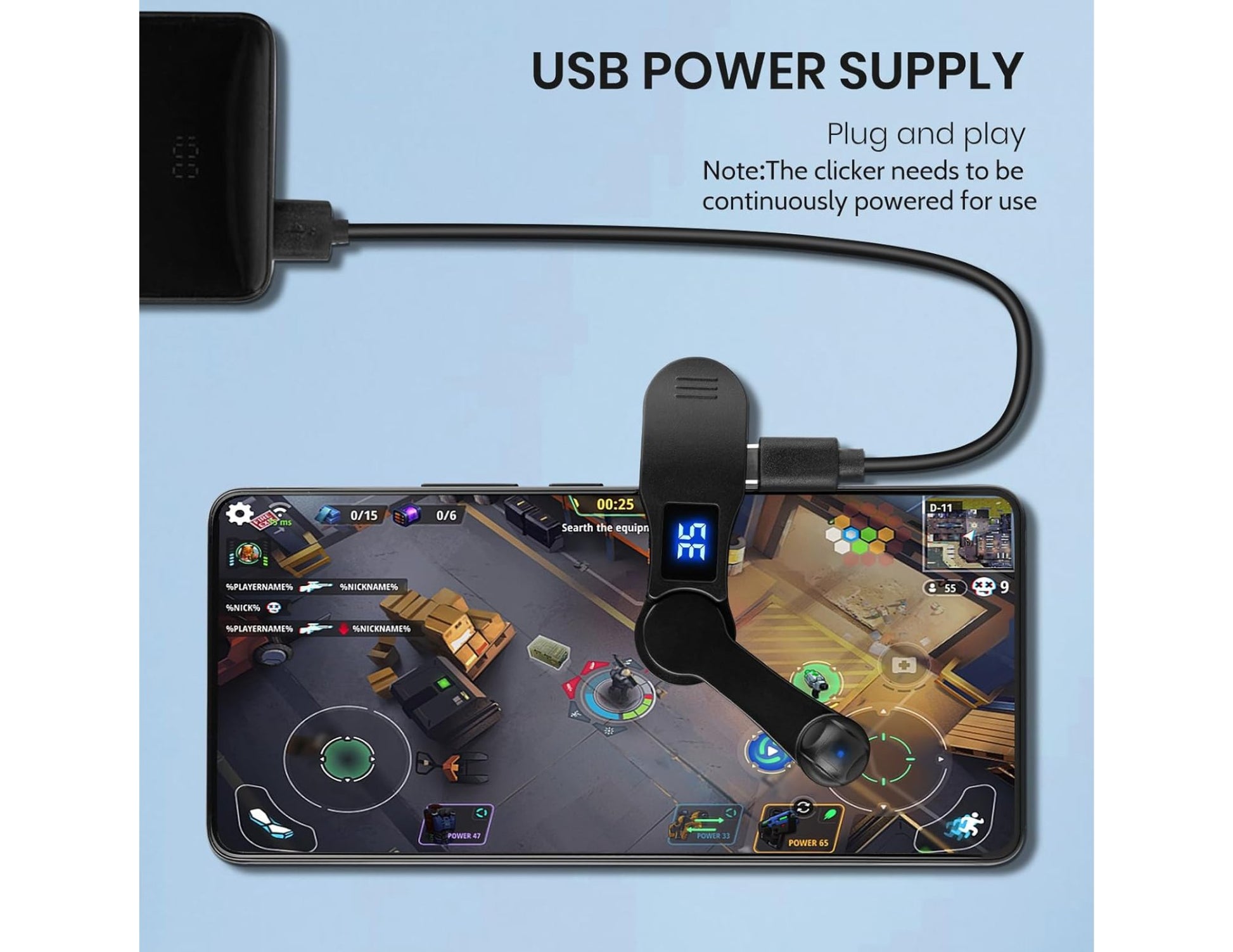 USB power supply connected to a gaming device with a blue background