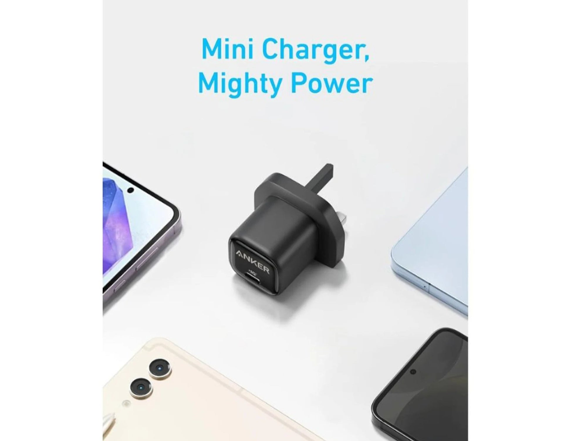 Black mini charger with smartphone on a white background