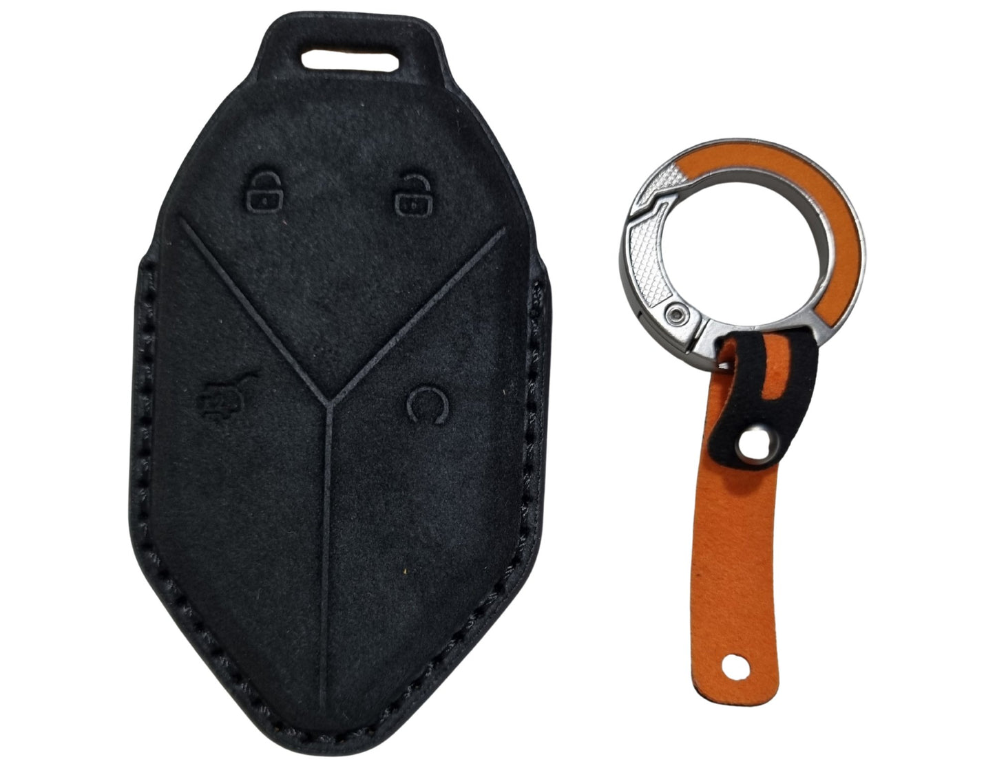 Black Car Key Cover for Leopard 8 – Alcantara and orange keychain on a white background