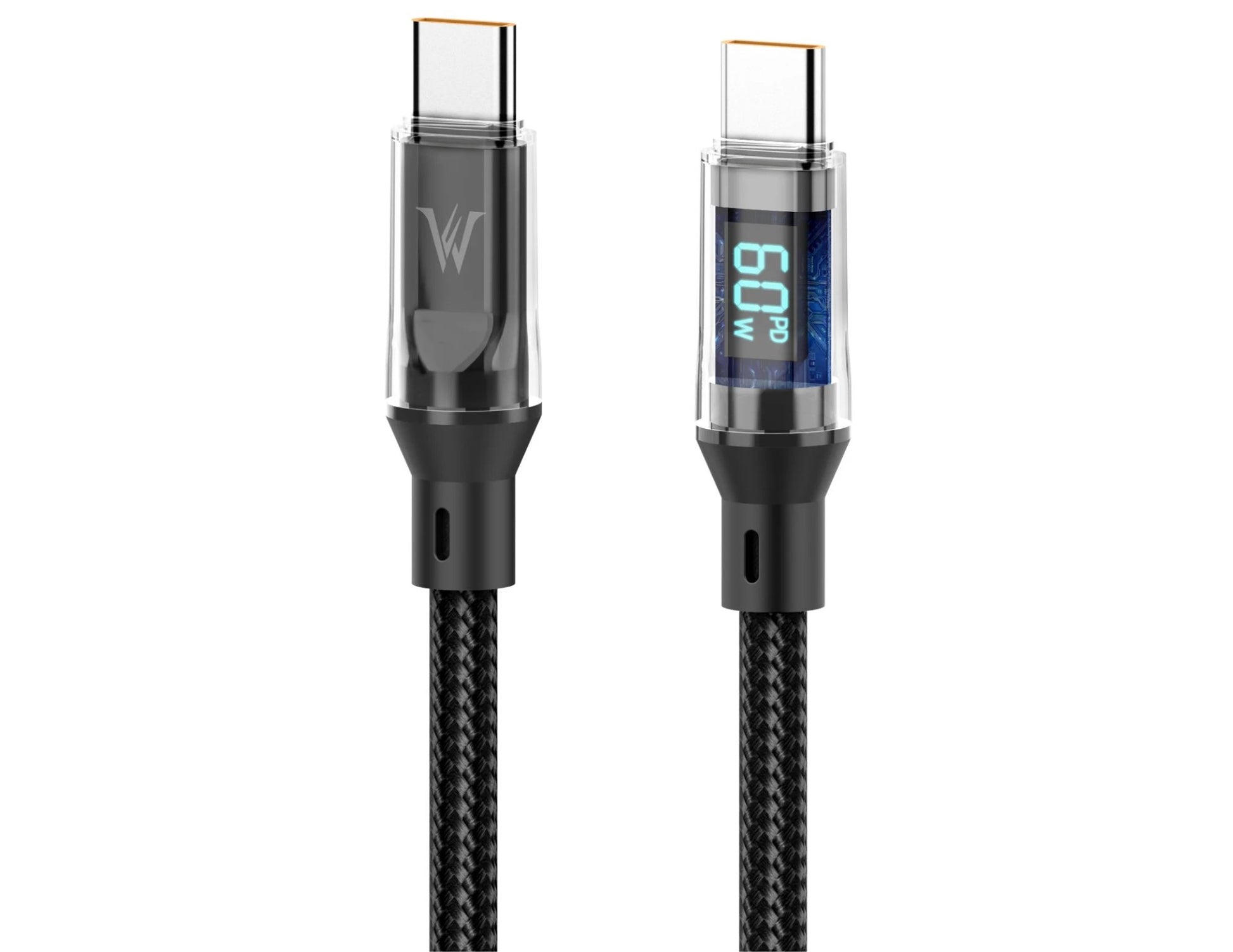 Black charging cable with digital display on a white background
