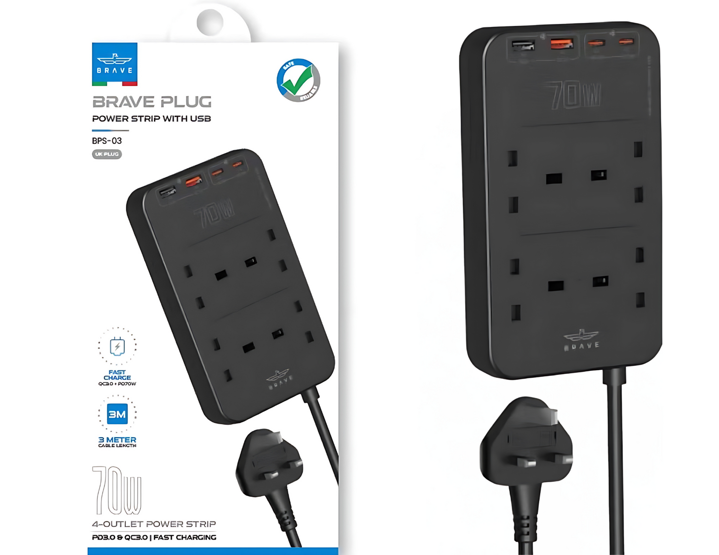 شريط طاقة Brave PLUG مزود بمنفذ USB - 70 وات - 4 منافذ BPS-03