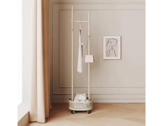 Modern coat rack with basket in a minimalistic room