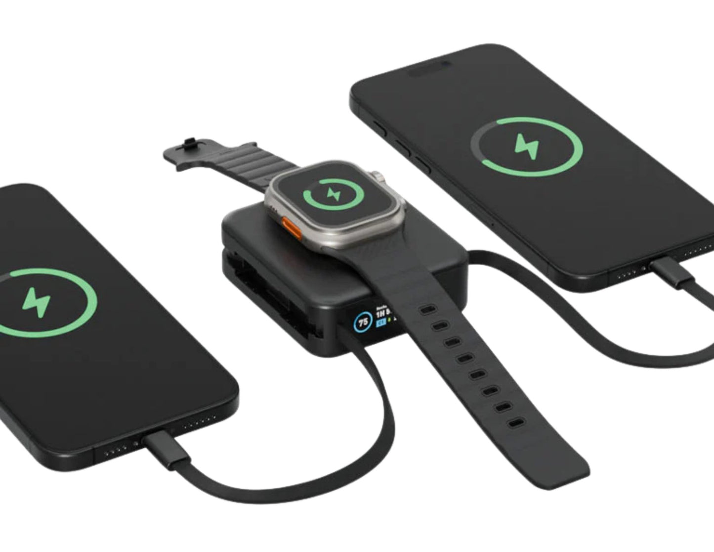 Smartwatch and two smartphones charging With ENERGEA MagPac Mini Plus 10,000mAh PD20W 4-in-1 Qi Magnetic Power Bank MP-MINIPLUS-BLK on a white background