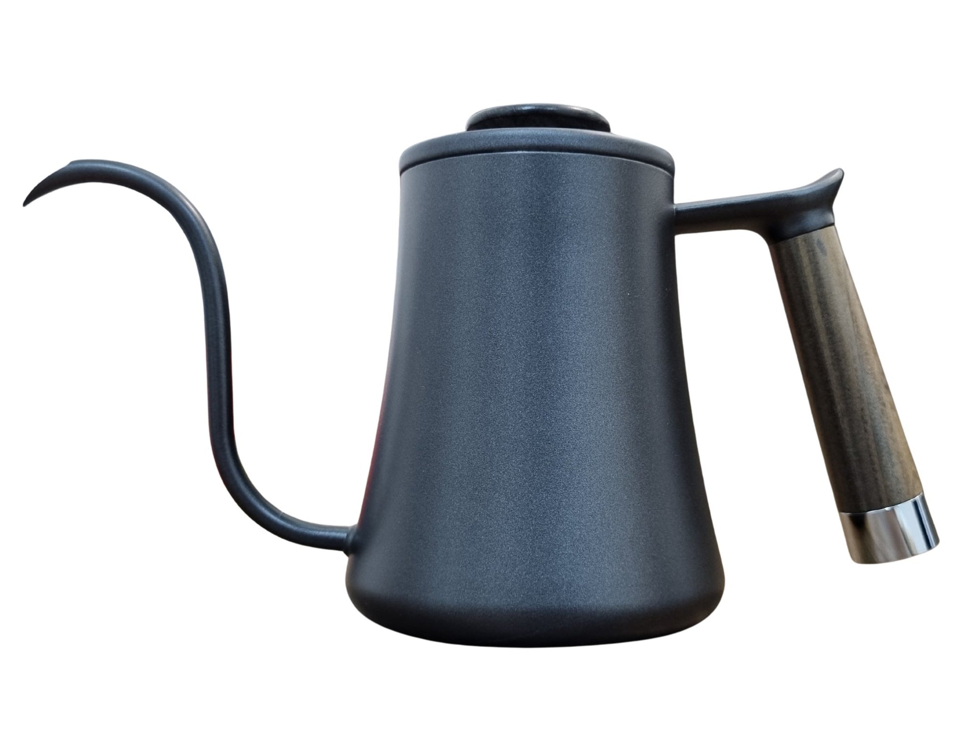 Black coffee kettle with wooden handle on a white background