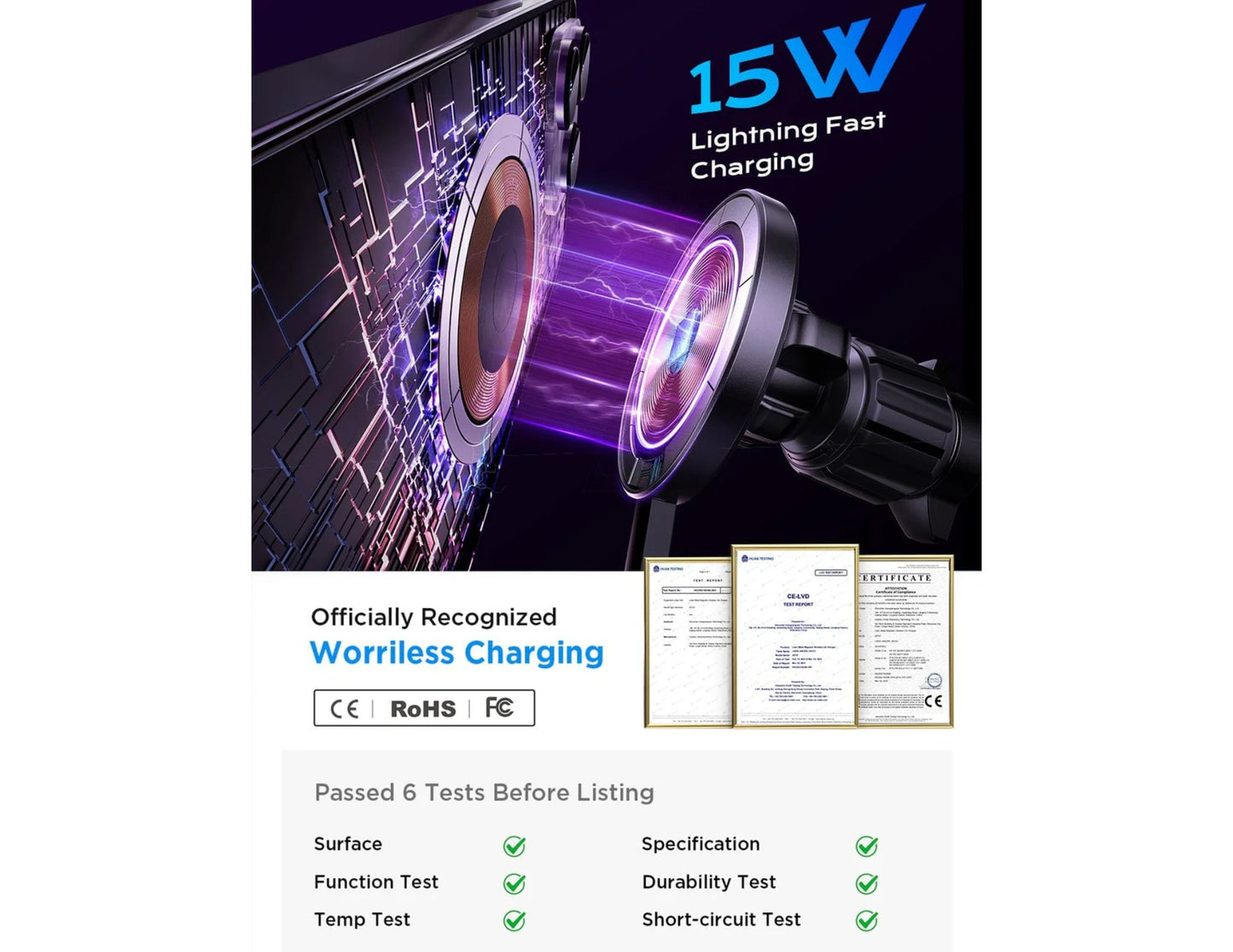 Charging adapter with lightning fast charging text and certification logos on a white background