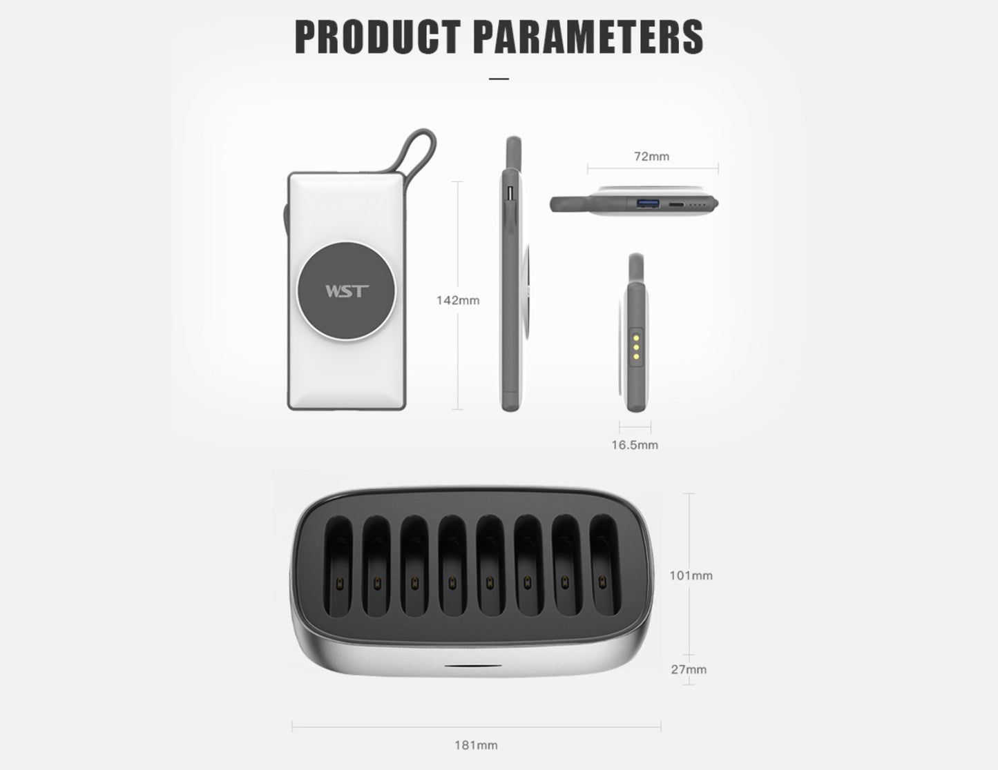 Product parameters and dimensions of a electronic device on a white background