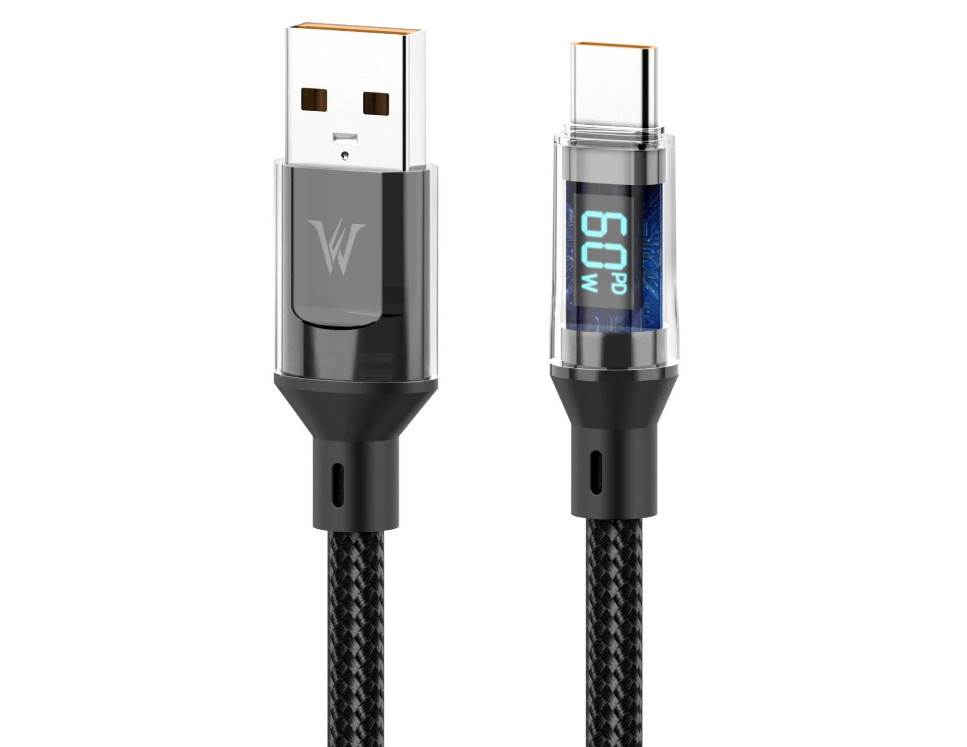 Digital charging cable with USB connector and digital display on a white background