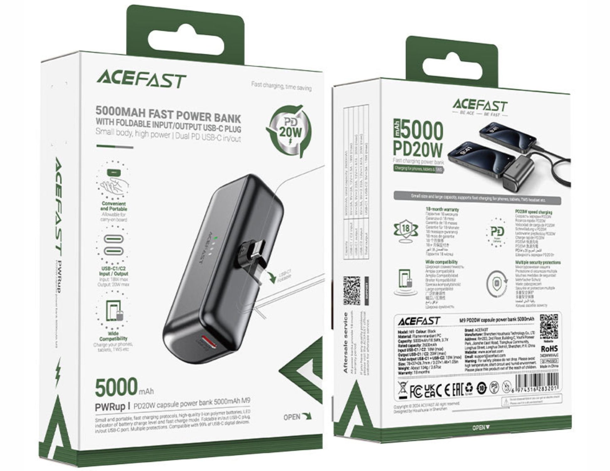 ACEFAST power bank packaging with front and back views on a white background