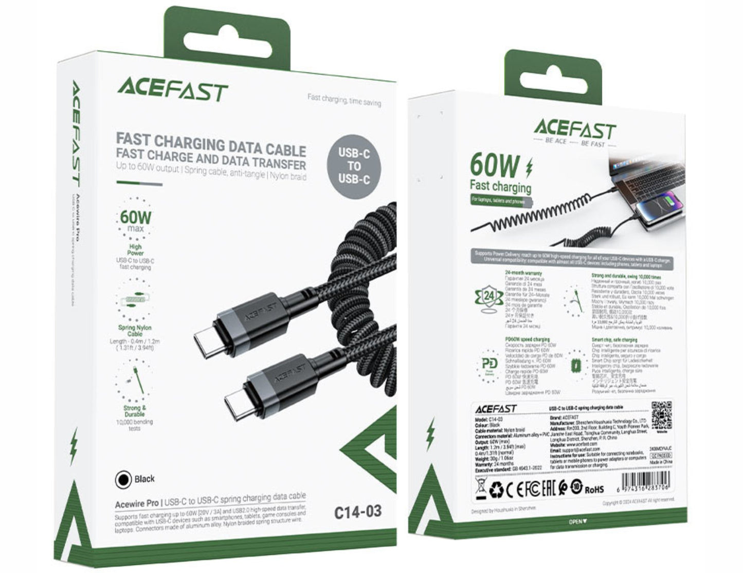 Acefast USB-C charging cable packaging with detailed specifications on a white background