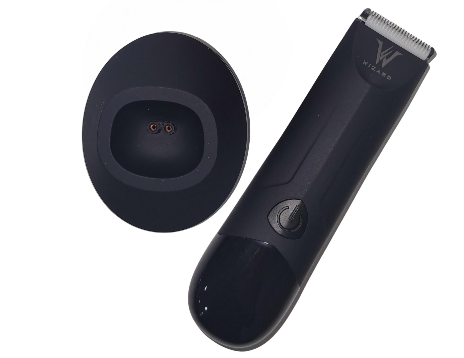 Electric hairshaver with a black color scheme, featuring a rounded handle and a straight shaving head with a digital display.