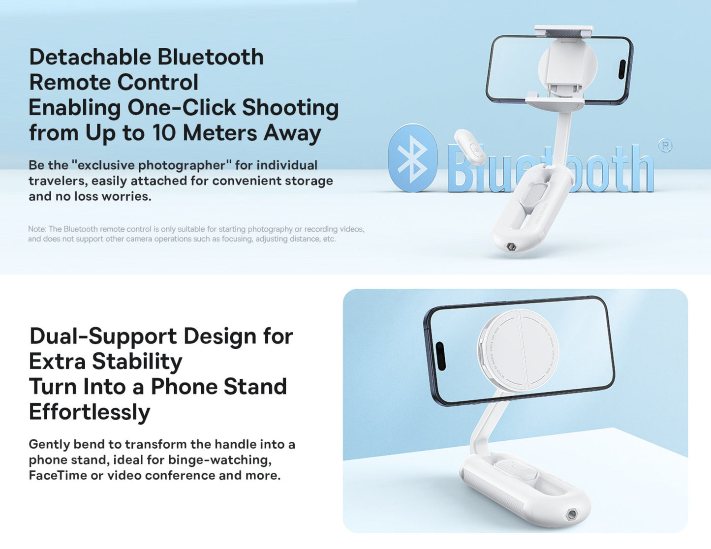 Detachable Bluetooth remote control with phone stand on a light blue background