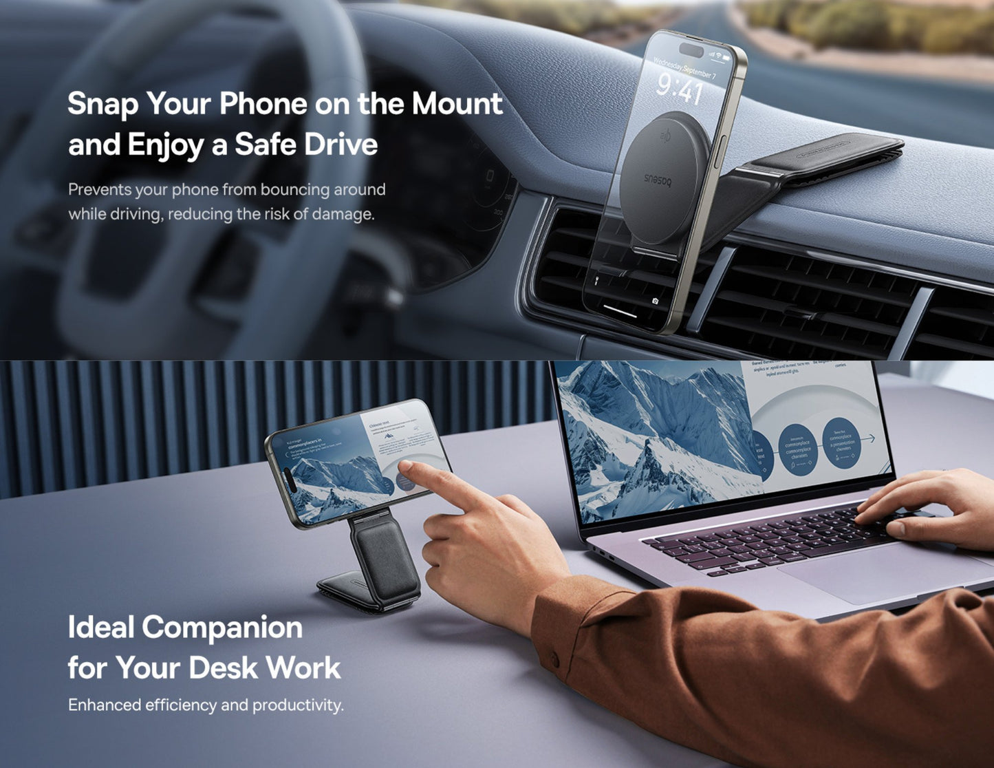 Car phone mount with smartphone and laptop on desk, promoting safe driving and productivity.
