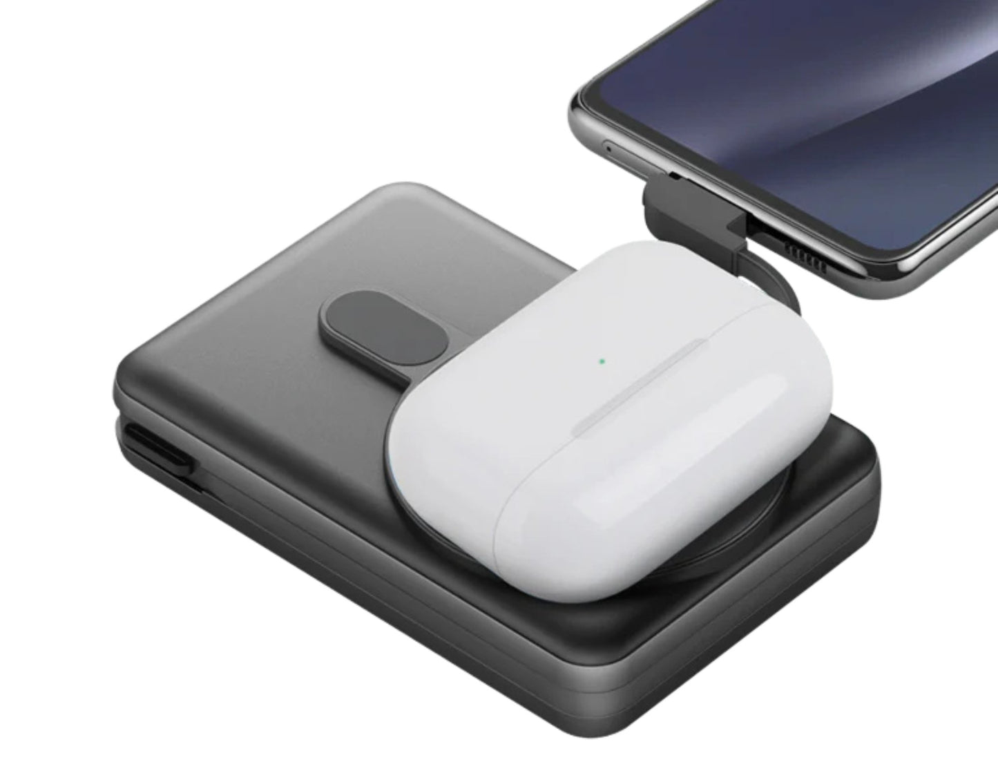 White wireless earbuds in ENERGEA MagPac Pro+ 10,000mAh PD20W 15W Magnetic Power Bank MP-PROPLUS-GUN with a smartphone on a white background