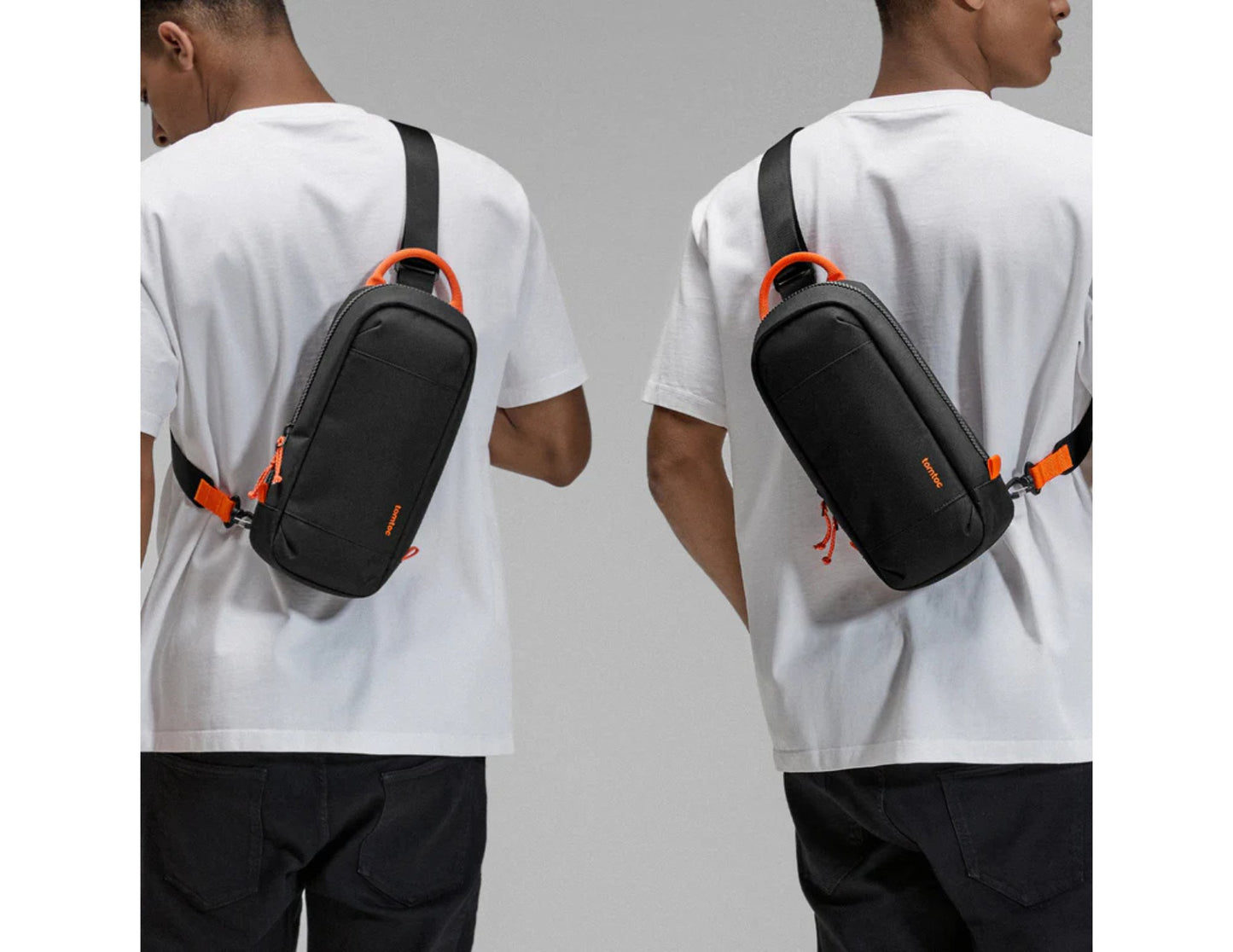 Person wearing a Tomtoc GameOn-G49 Nintendo Switch 2 Sling Bag – Black (G49S1D1) with orange accents on a gray background