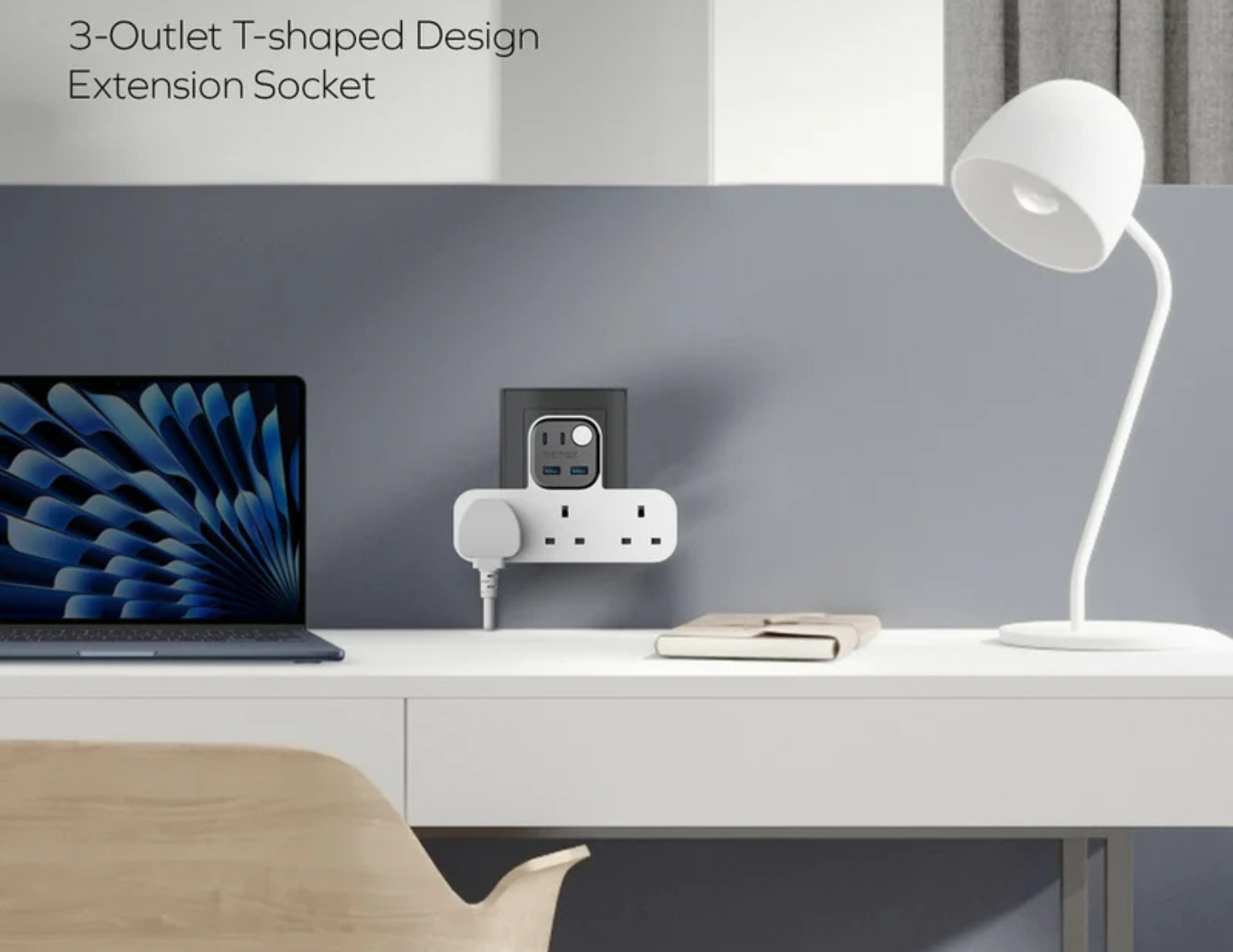 Momax 1-Charger Work Flow T-Shaped Extension with 3 Sockets & USB Ports
