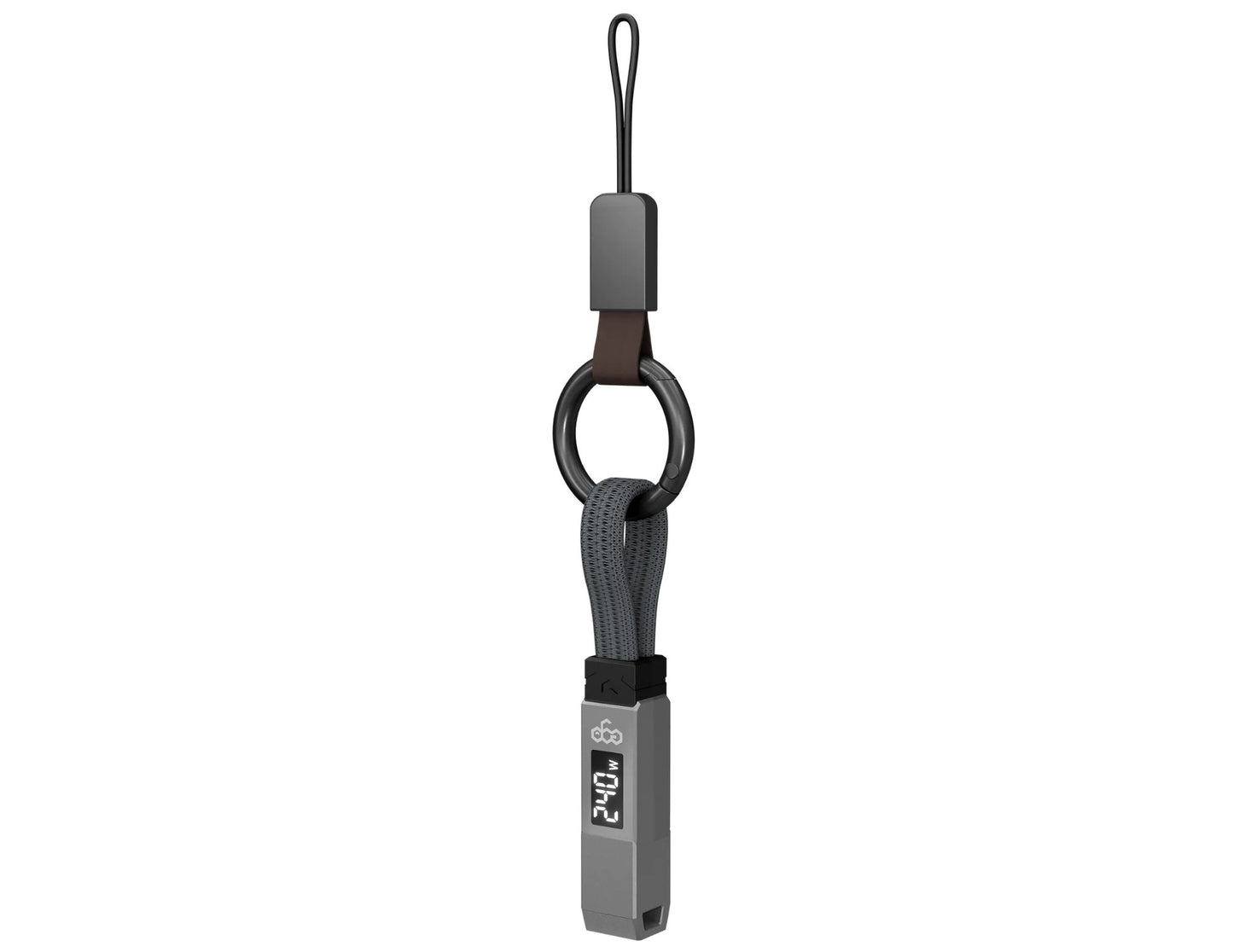 Keychain with a strap and a small device on a white background