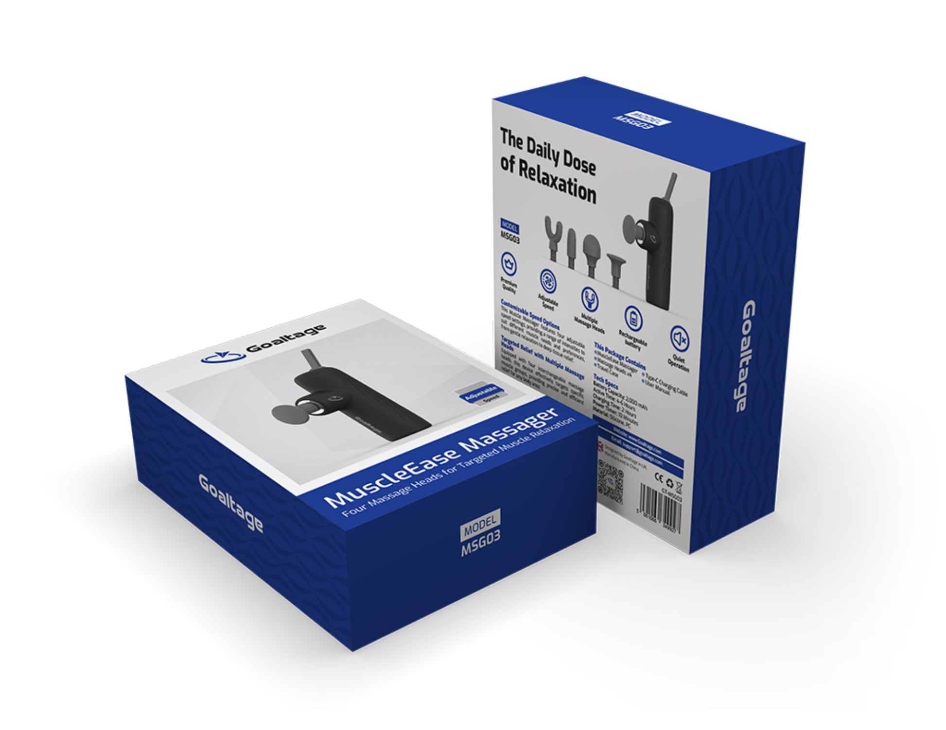 Two boxes of MuscleCase Massager with blue and white design on a white background