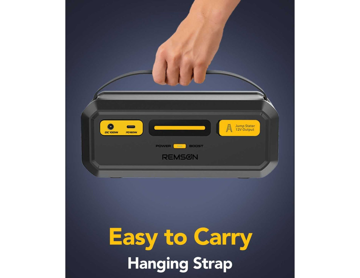 Remson Re‑Boost Mate Built‑in Super Capacitor Emergency Jump Starter – JS009 with a hand holding it, labeled 'Easy to Carry' on a dark blue background.