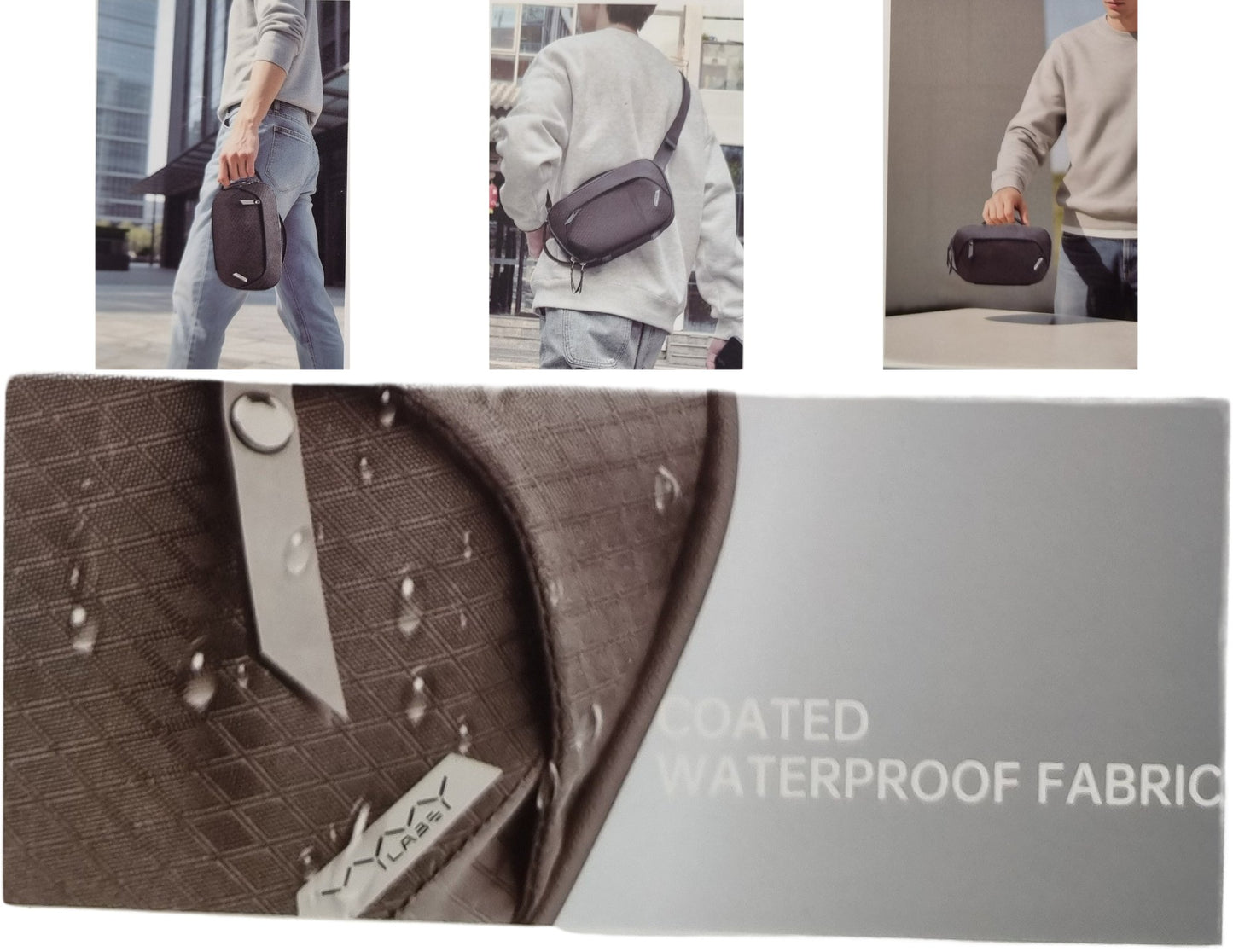Collage of a person using a small bag with close-up details of the fabric.