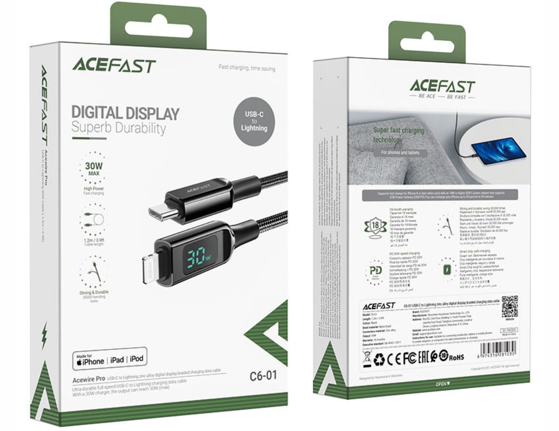 Two ACEFAST digital display charging cables with packaging on a white background