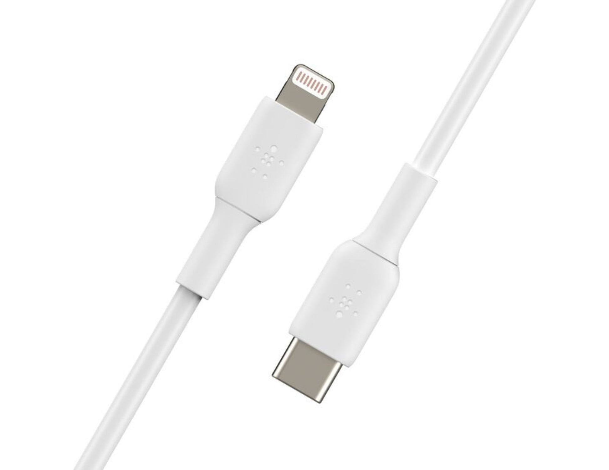 White charging cable with Lightning and USB-C connectors on a white background