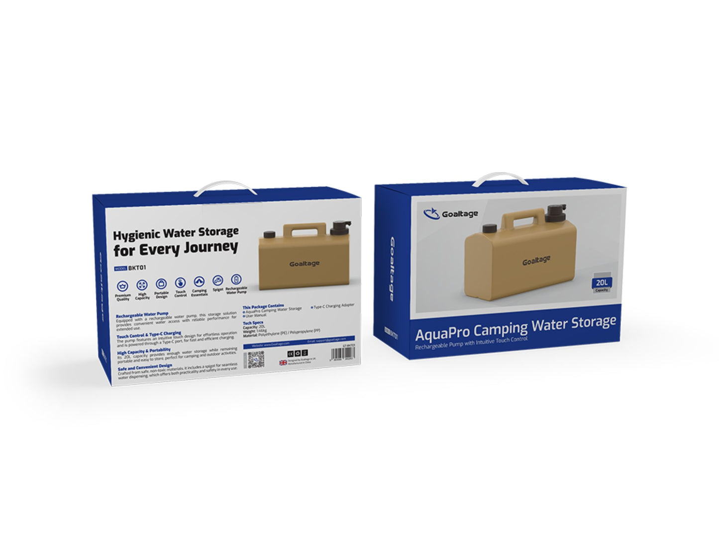 Two boxes of AquaPro camping water storage containers on a white background