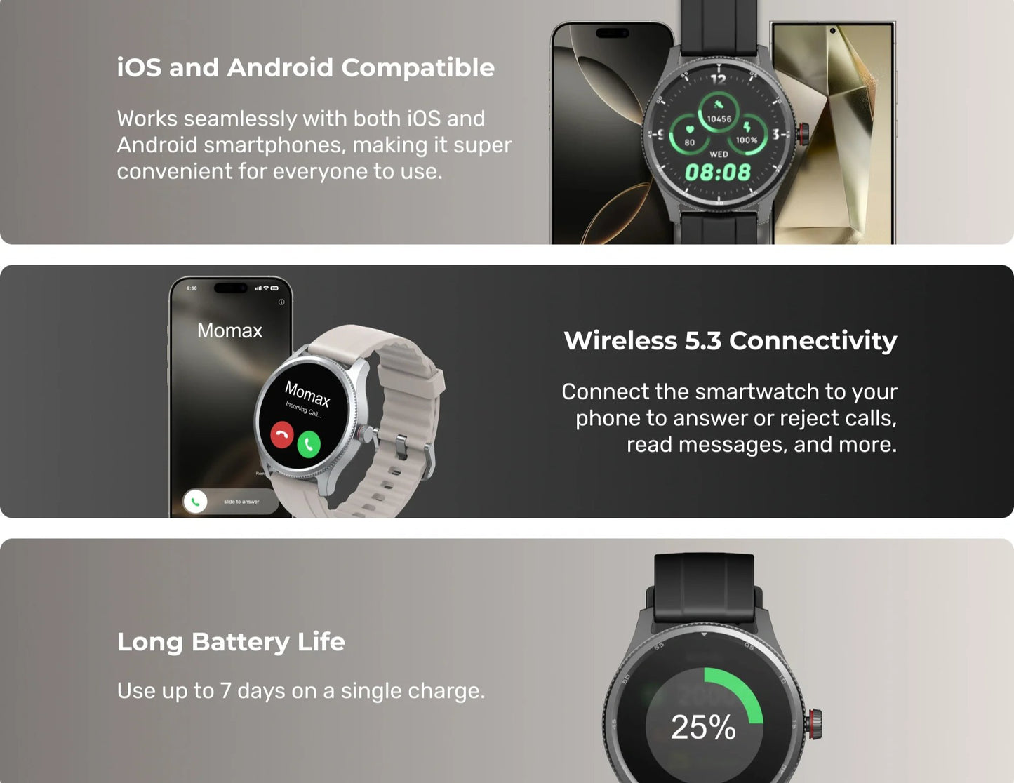 Smartwatch with text highlighting iOS/Android compatibility, wireless connectivity, and long battery life.