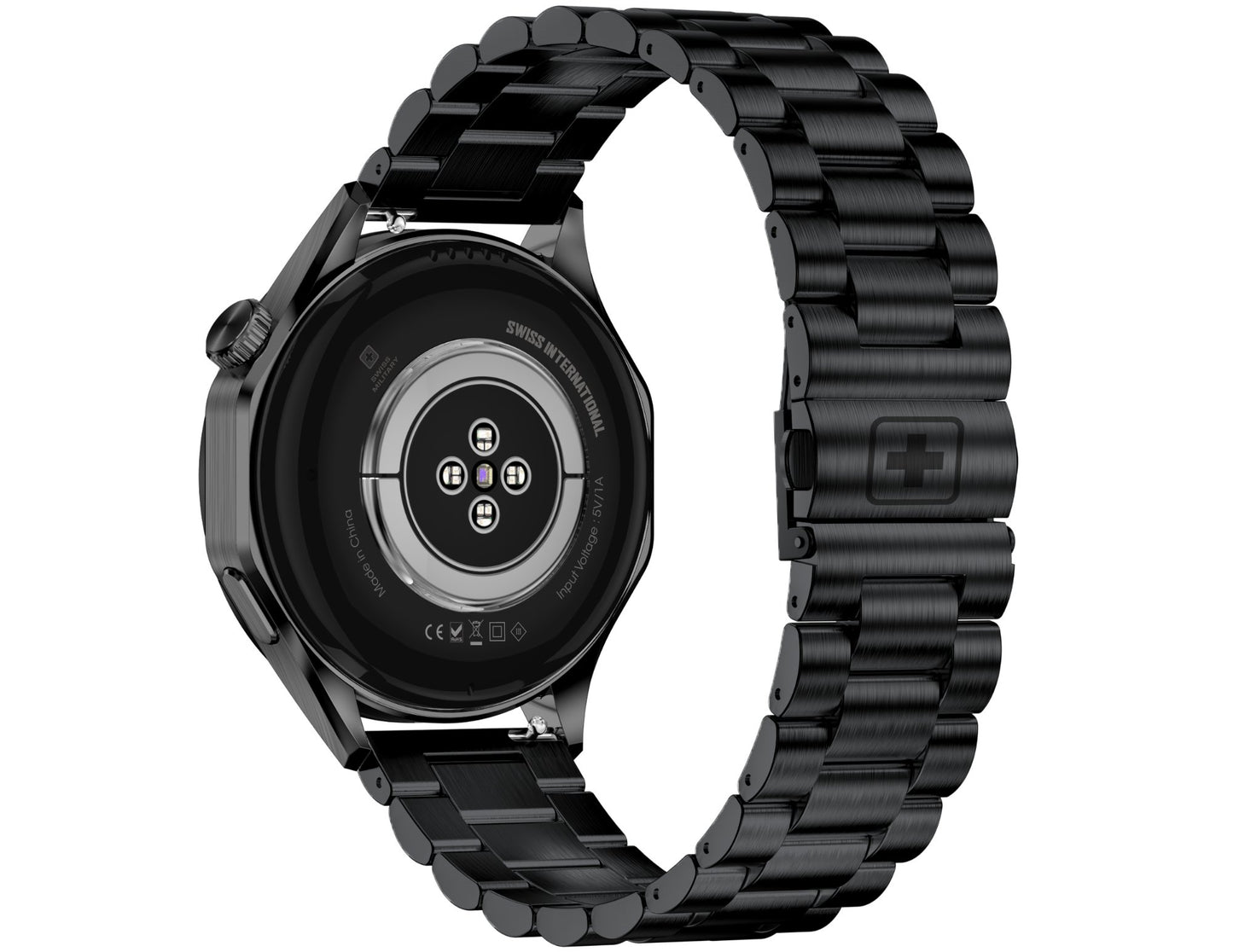 Black smartwatch with metal band on a white background