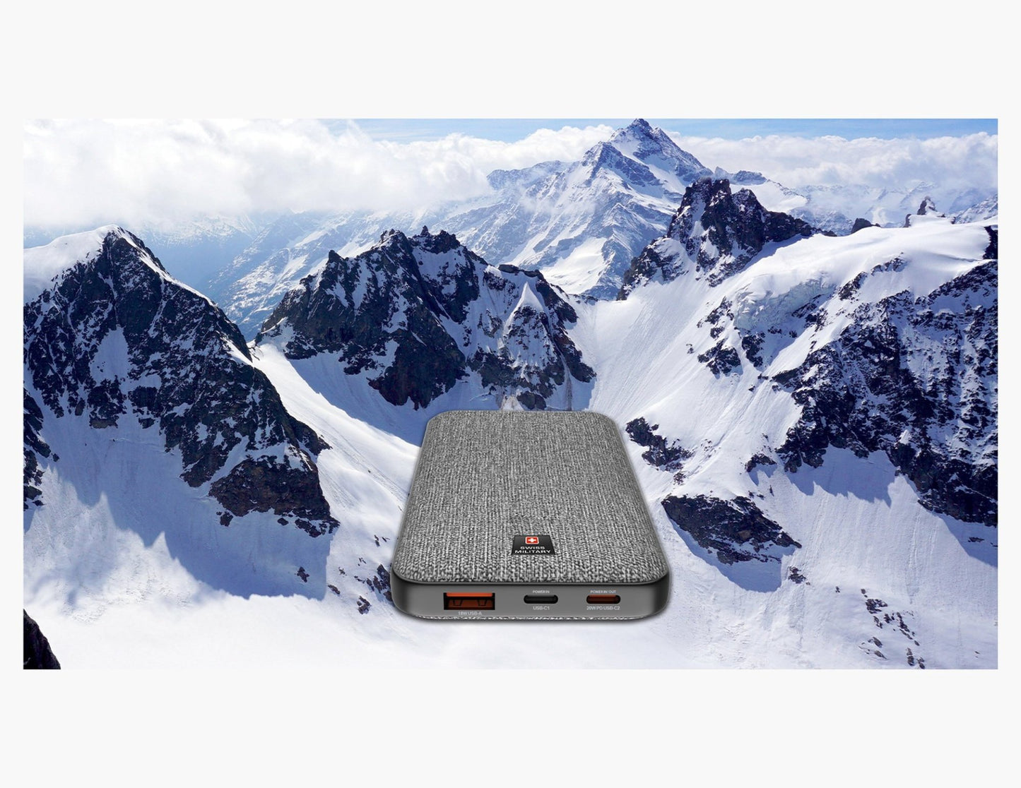 Gray Swiss Military Power House 10000mAh USB-C 20W Power Bank – SM-PB-10K-2C1A on a snowy mountain background