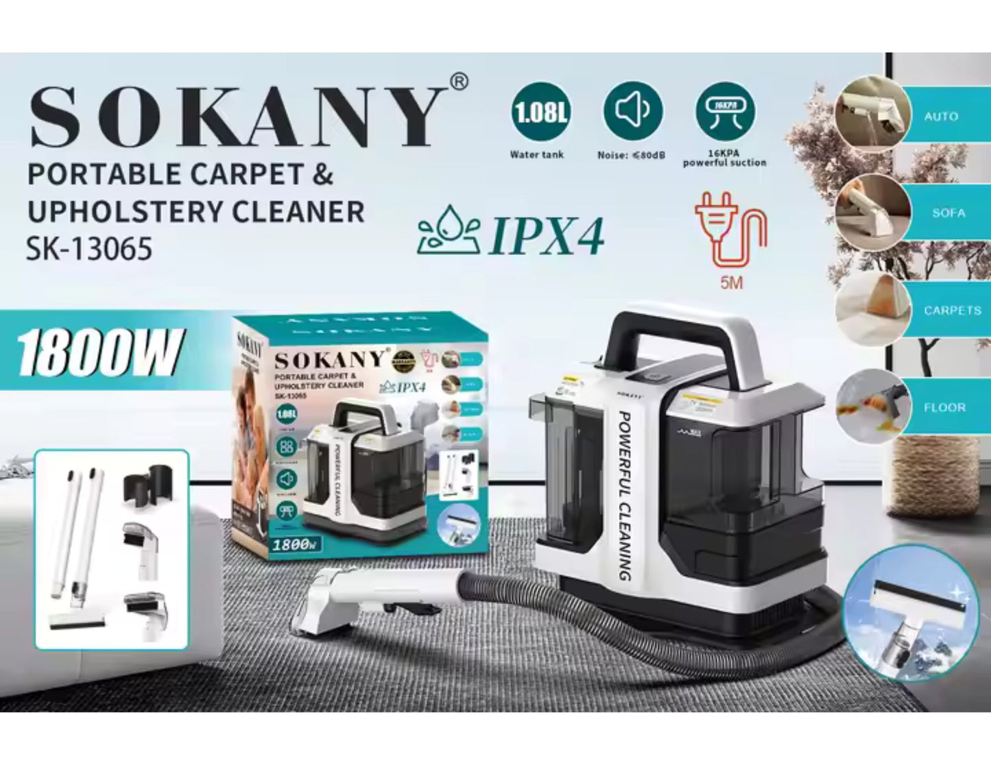 Sokany Portable Carpet & Upholstery Cleaner 1800W SK-13065 – 1.08L Water Tank, IPX4 Waterproof