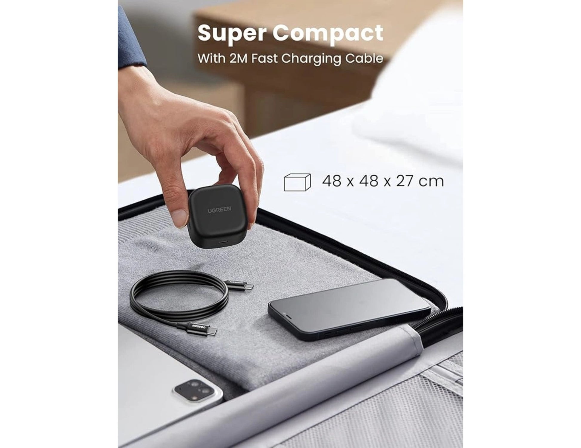 UGREEN 25W Type-C PD UK Fast Charger + 2m Cable – CD250 on a suitcase, labeled 'Super Compact' with dimensions.