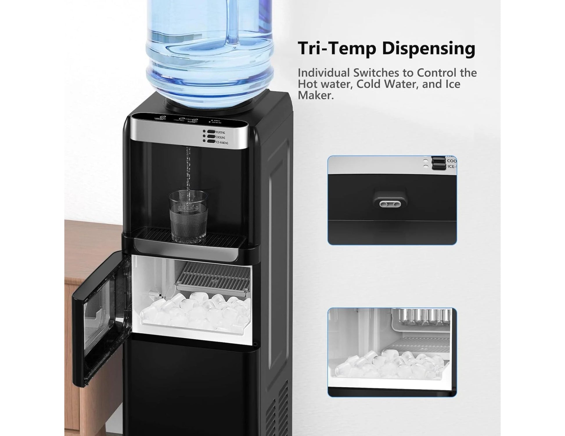 Black water cooler with ice maker on a white background