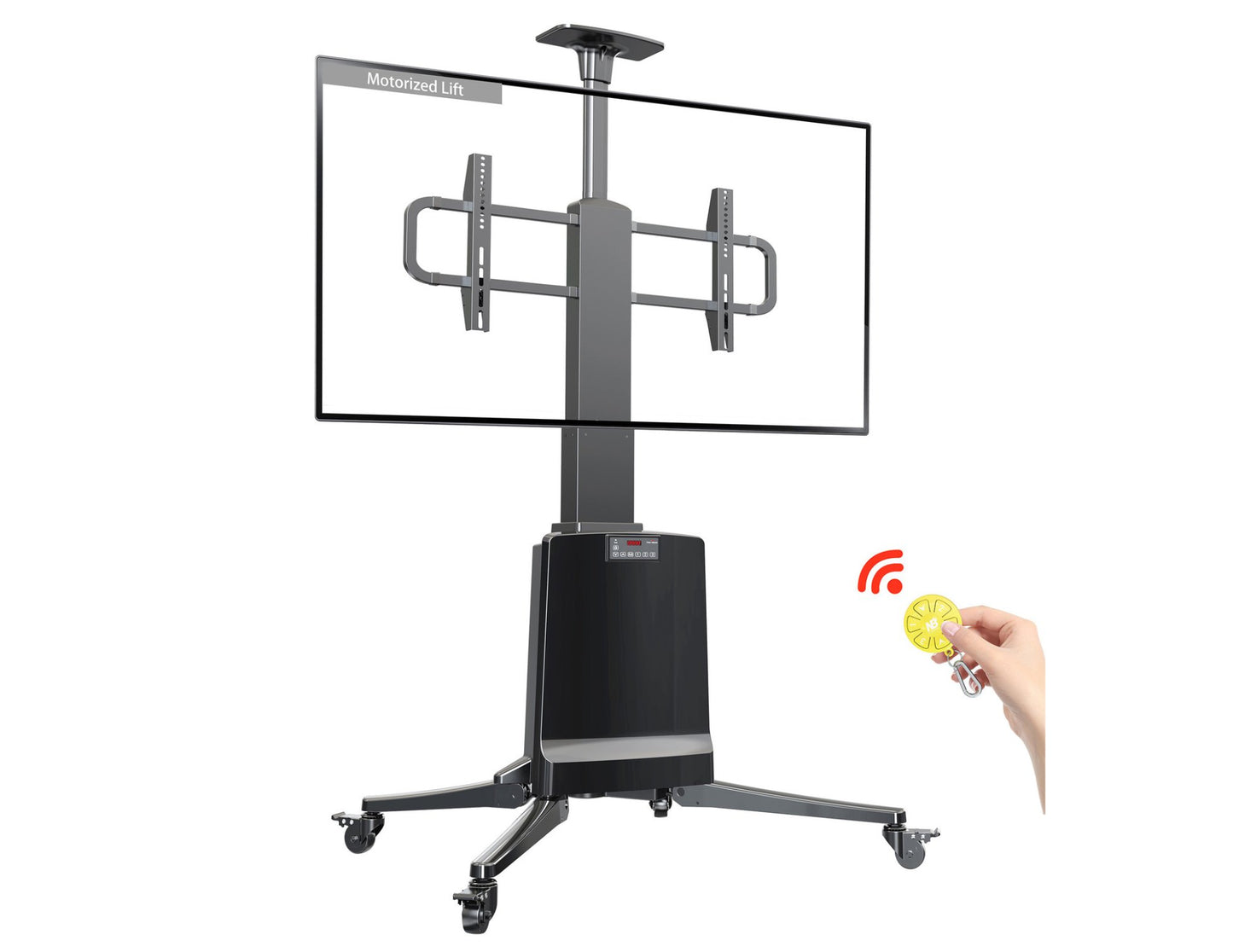 TV lift with screen and remote control on a white background