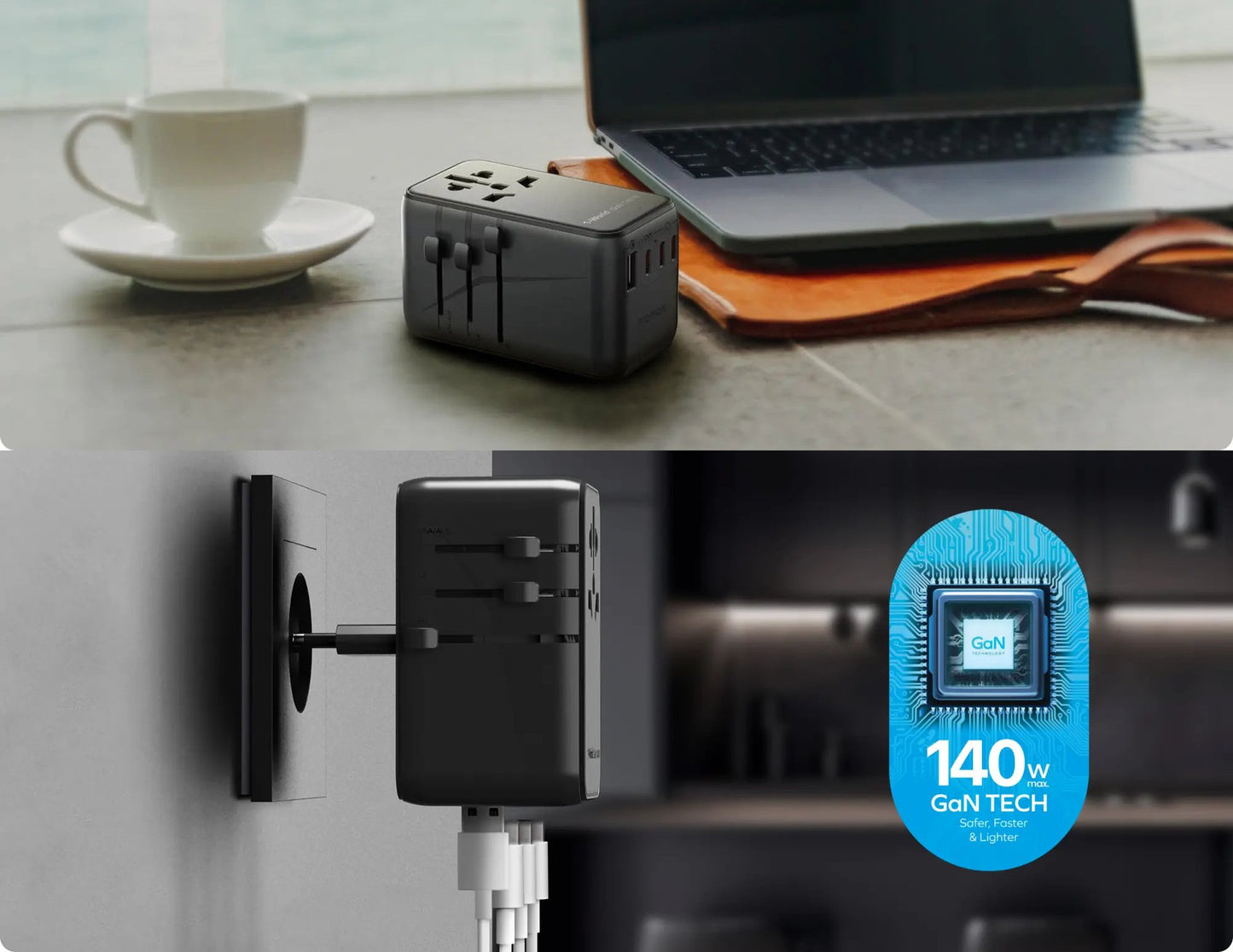 Momax 1-World Universal 4-Port Travel GaN Charger 140W + USB-C Cable (UA16UKGSD)