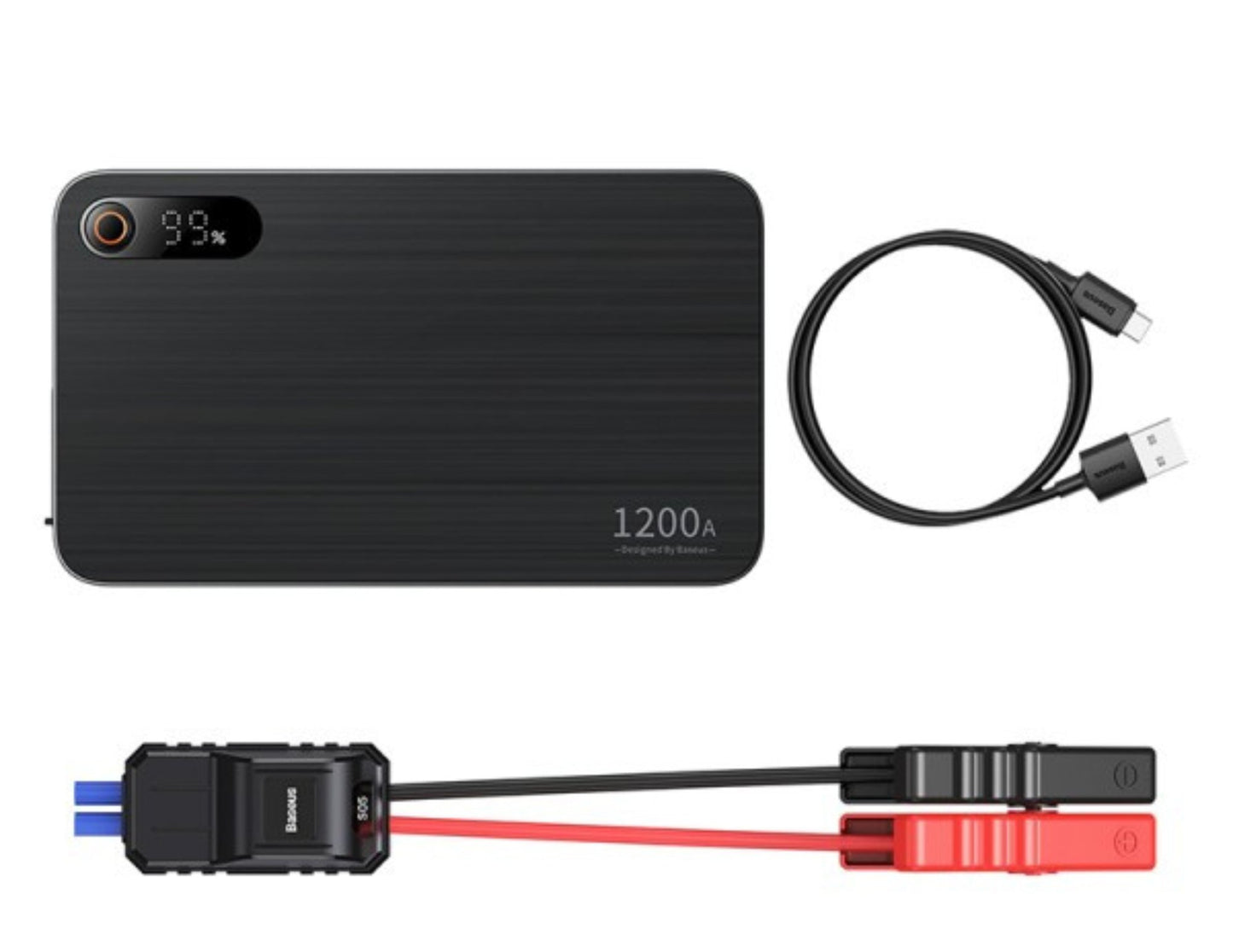 Black power bank with cables on a white background