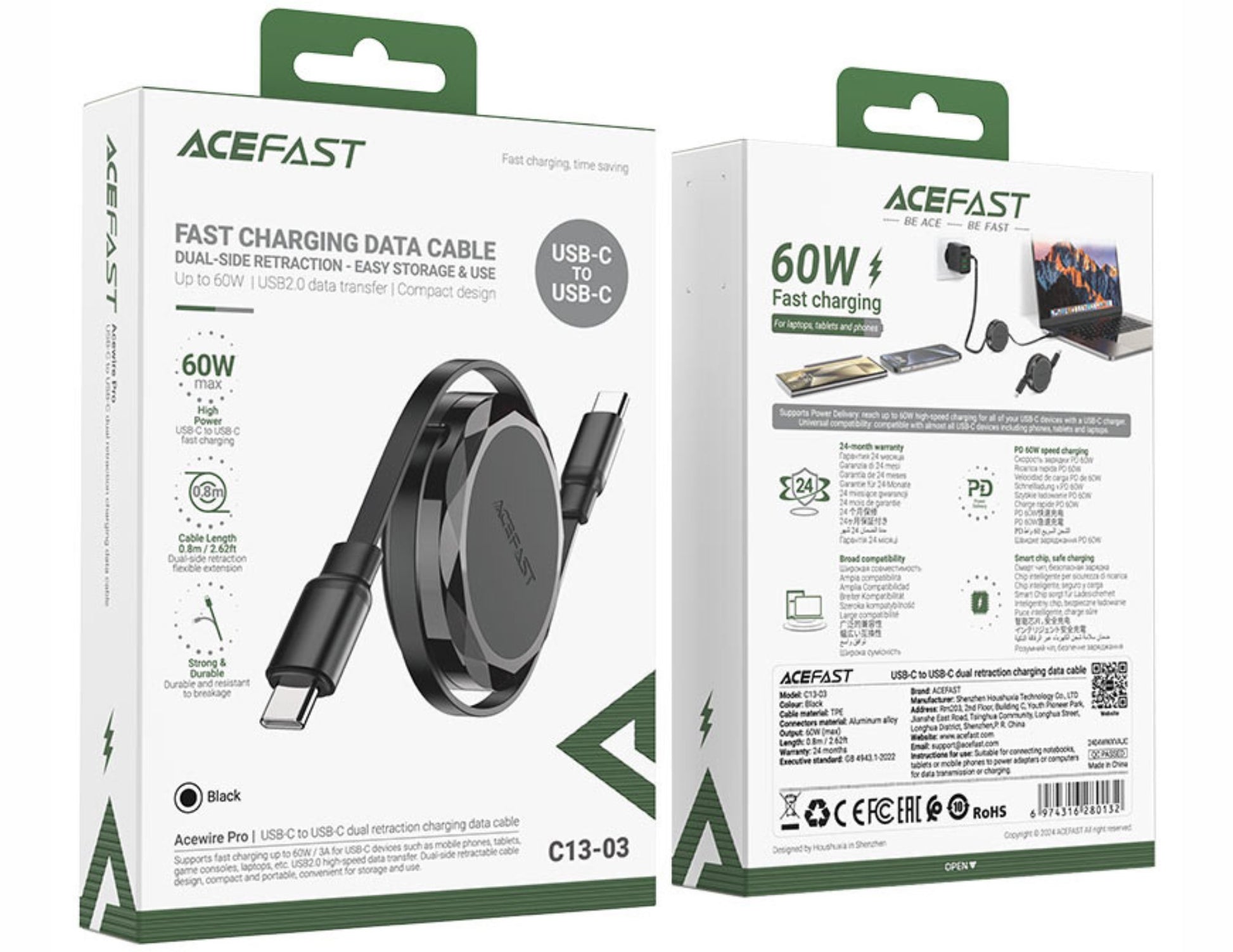ACEFAST USB-C data cable packaging with product illustration and specifications.