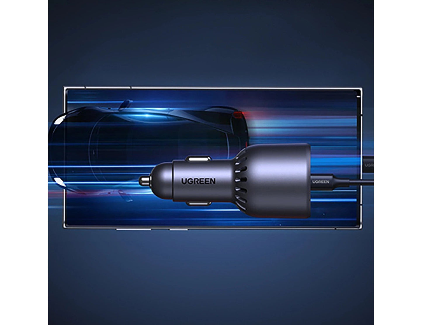 UGREEN car charger on a blue background with a car illustration