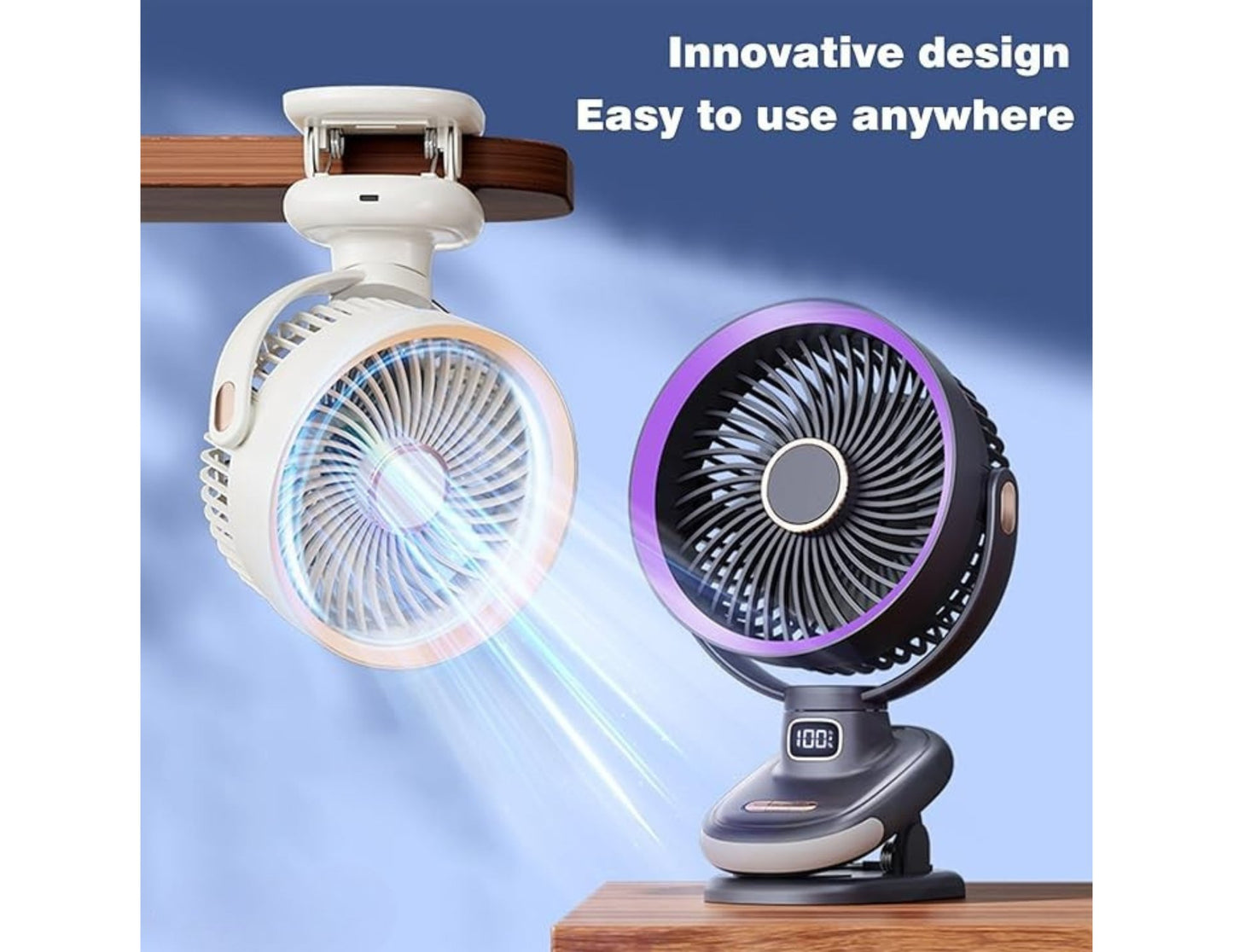 Two clip-on fans on a wooden surface with a blue gradient background, featuring text about their design and ease of use.