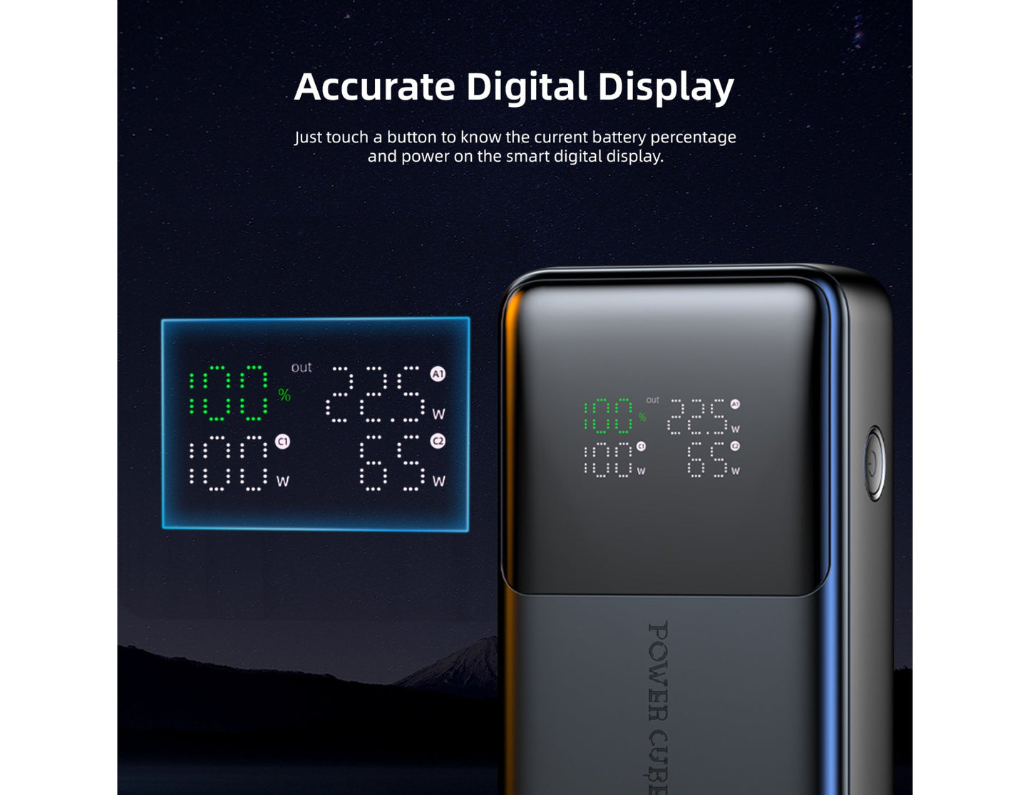 Vyvylabs Power Cube Pro Digital Display Power Bank 20000mAh 100W with Type-C Fast Charging Cable – VBQ10-TN with digital display showing battery percentage and power on a dark background