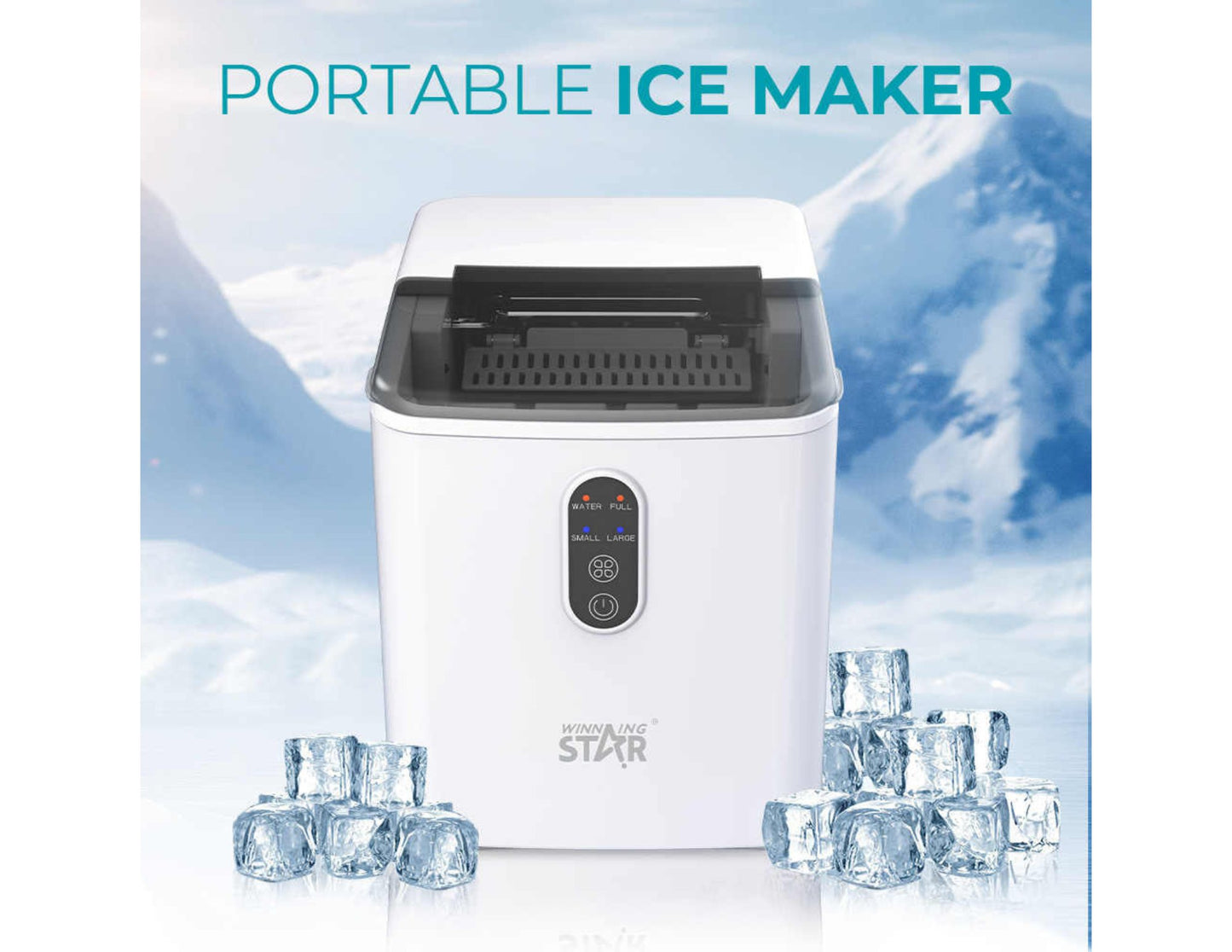 Winning Star Portable Ice Maker ST-9501 with ice cubes on a blue sky background