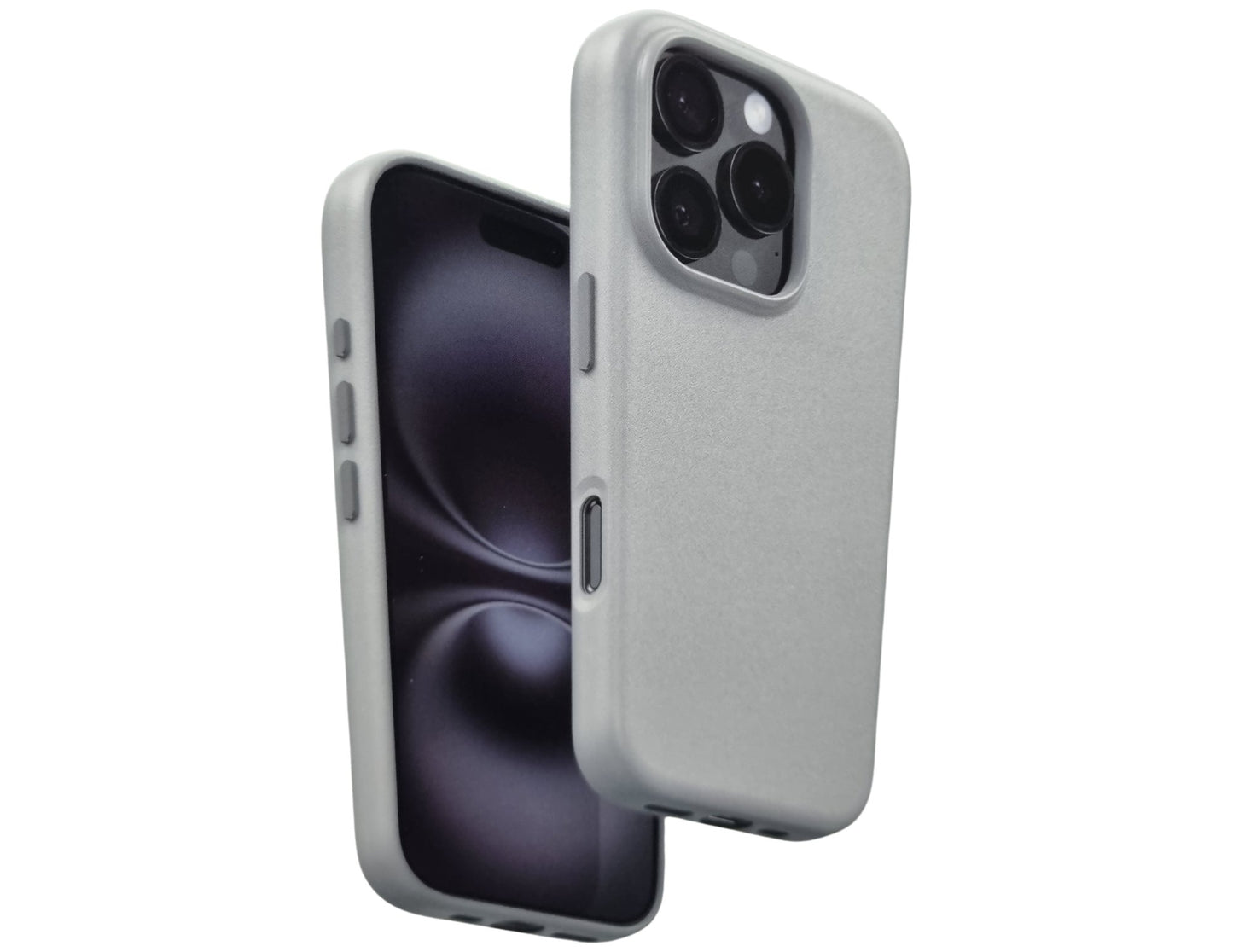 Gray phone case on a smartphone with a white background