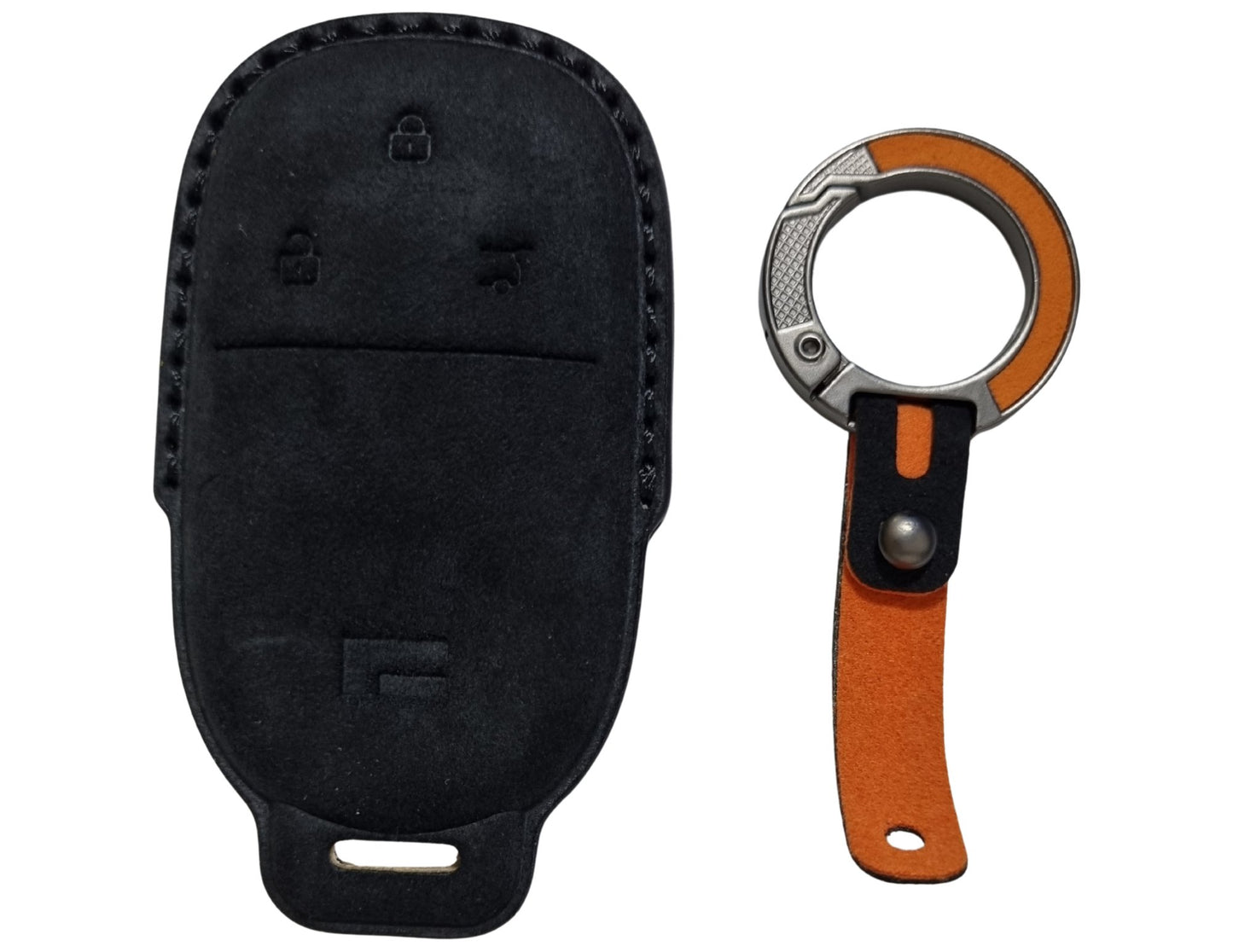 Black Car Key Cover for Rox 01 – Alcantara or Leather on a white background