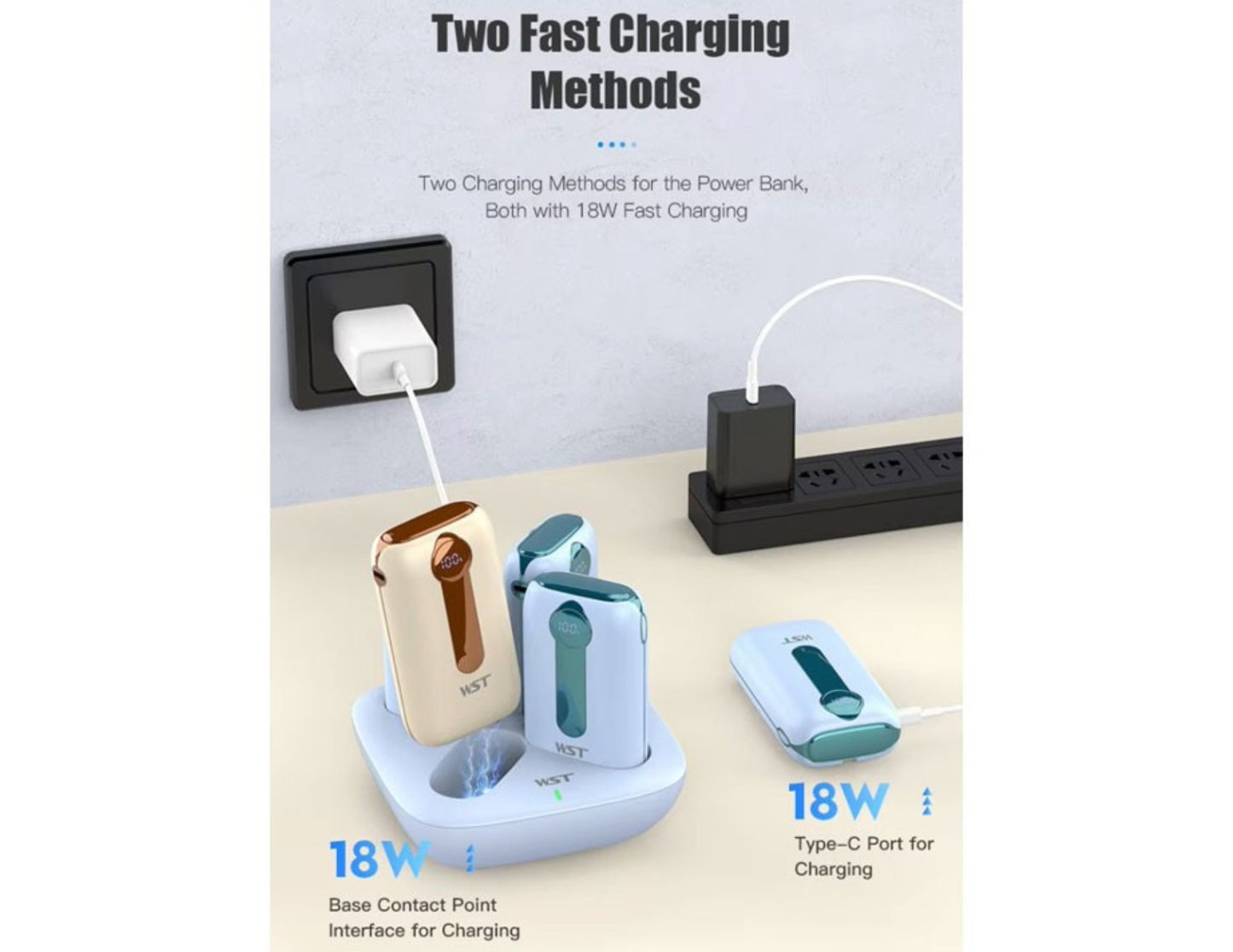 Two fast charging methods for a power bank with 18W fast charging.