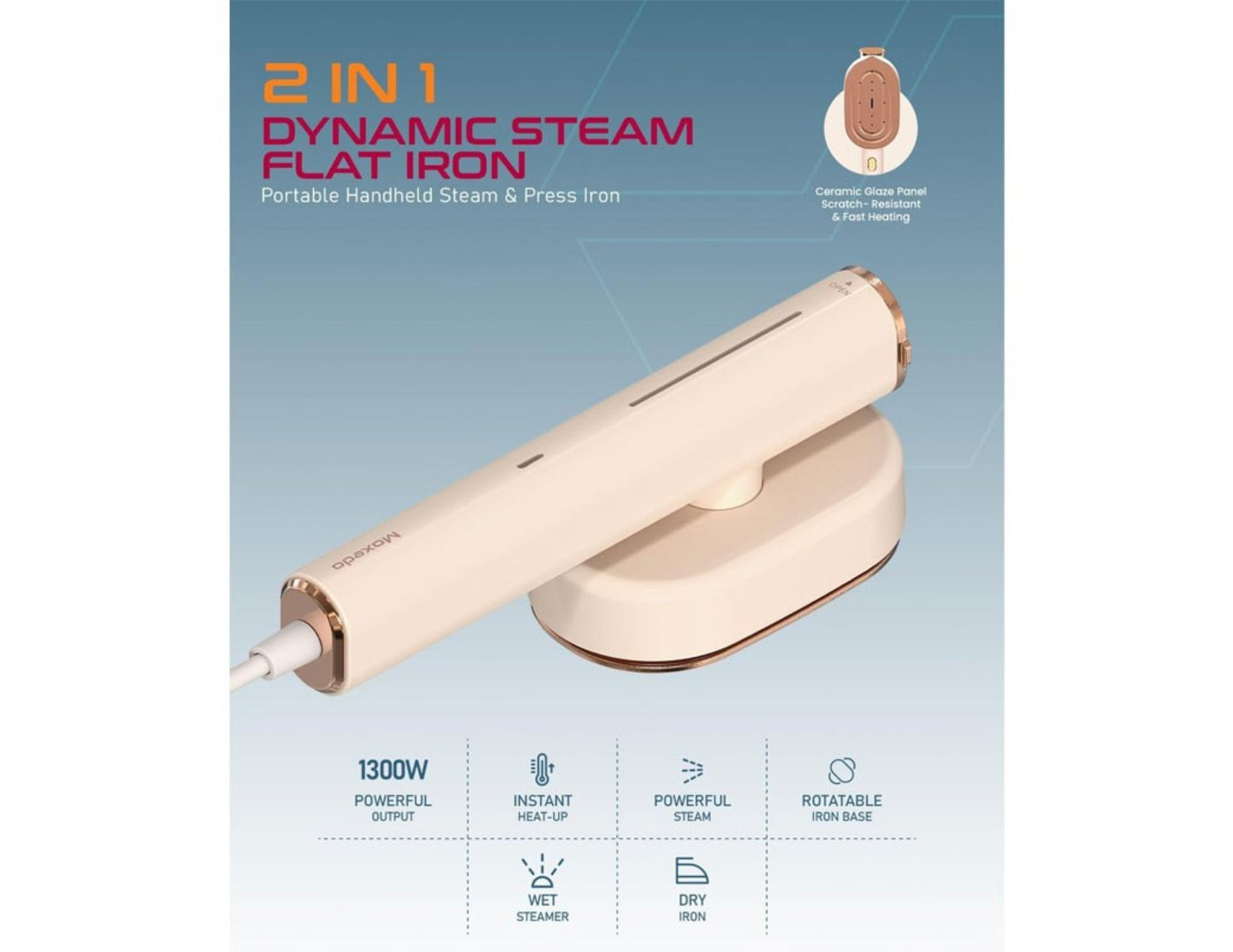 2-in-1 dynamic steam flat iron on a blue background with product details.