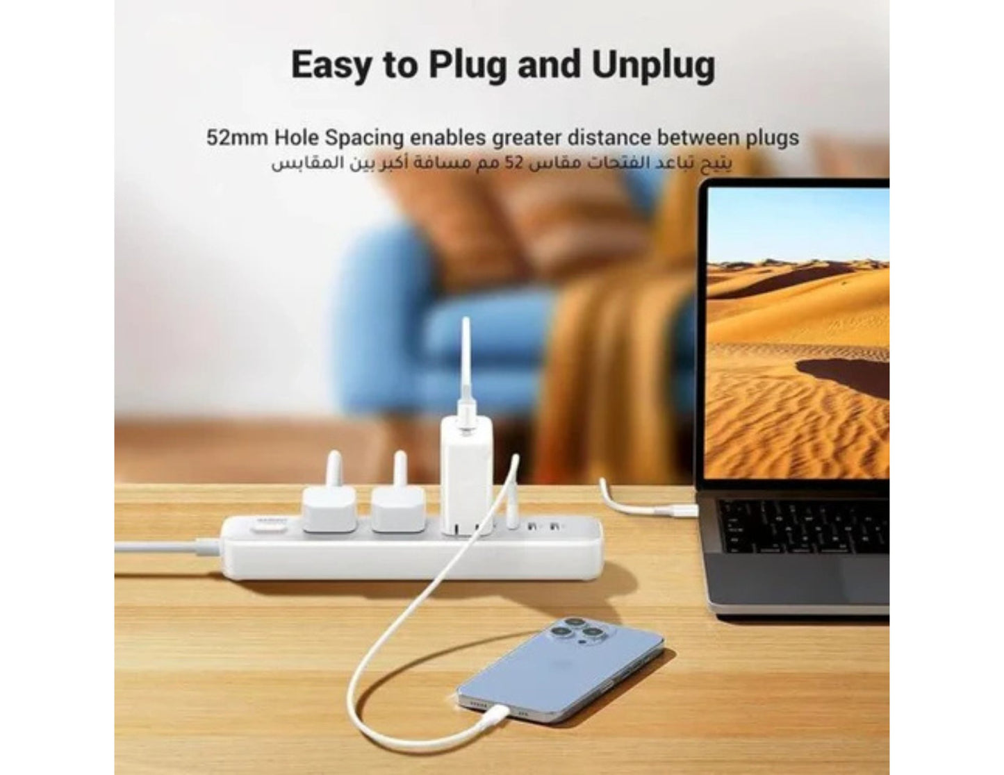 UGREEN 30W 3 AC Power Strip with Master Switch (2A1C) – CD286 on a wooden surface, with a laptop and phone in the background.