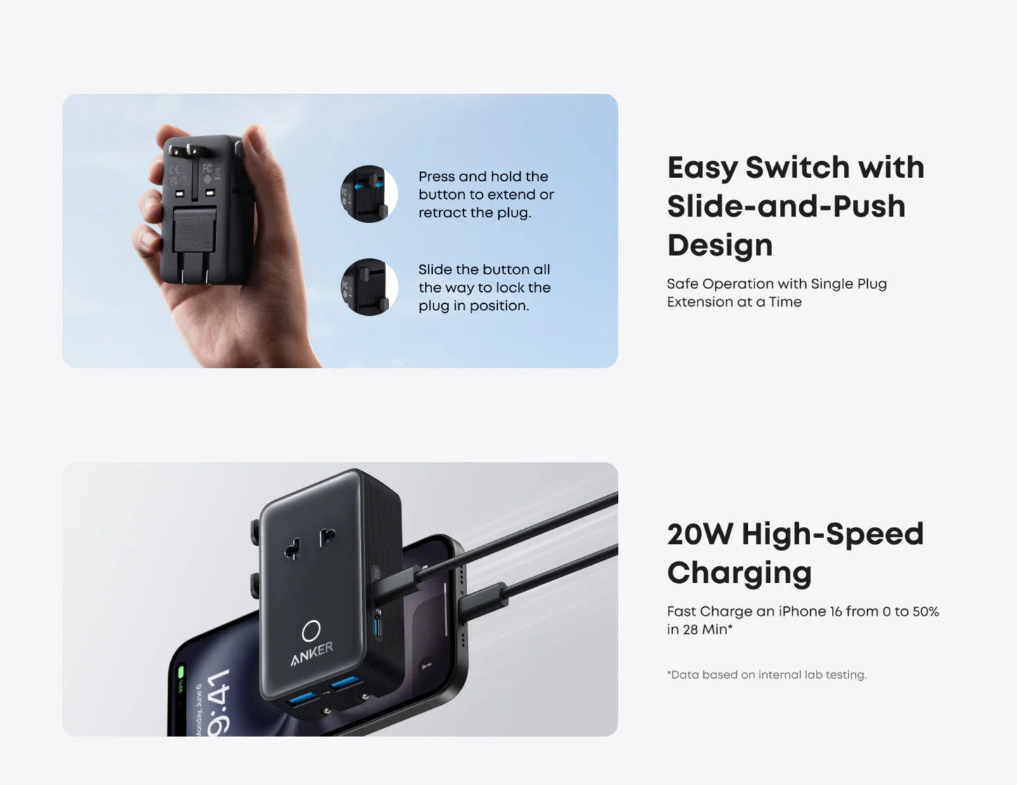 Anker Nano 5-in-1 20W Travel Adapter A9215311 with slide-and-push design and high-speed charging capabilities.